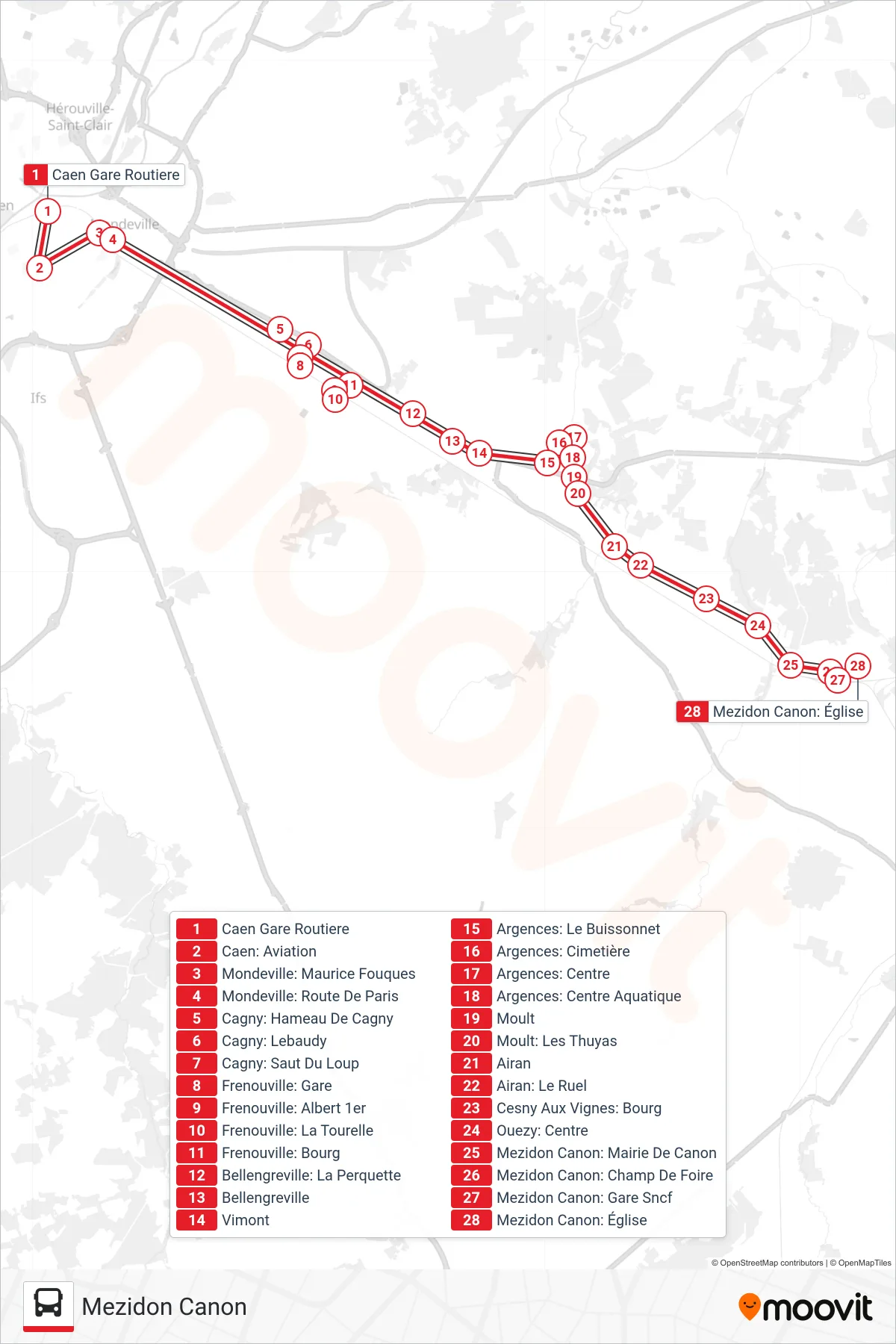 LIGNE 17 bus Line (Mezidon Canon) route and stops on a map