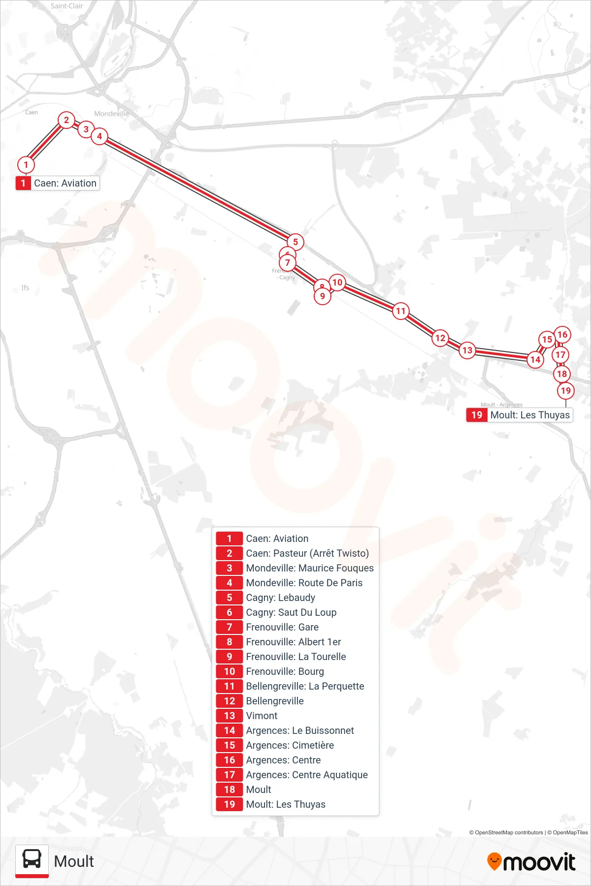 LIGNE 17 bus Line (Moult) route and stops on a map