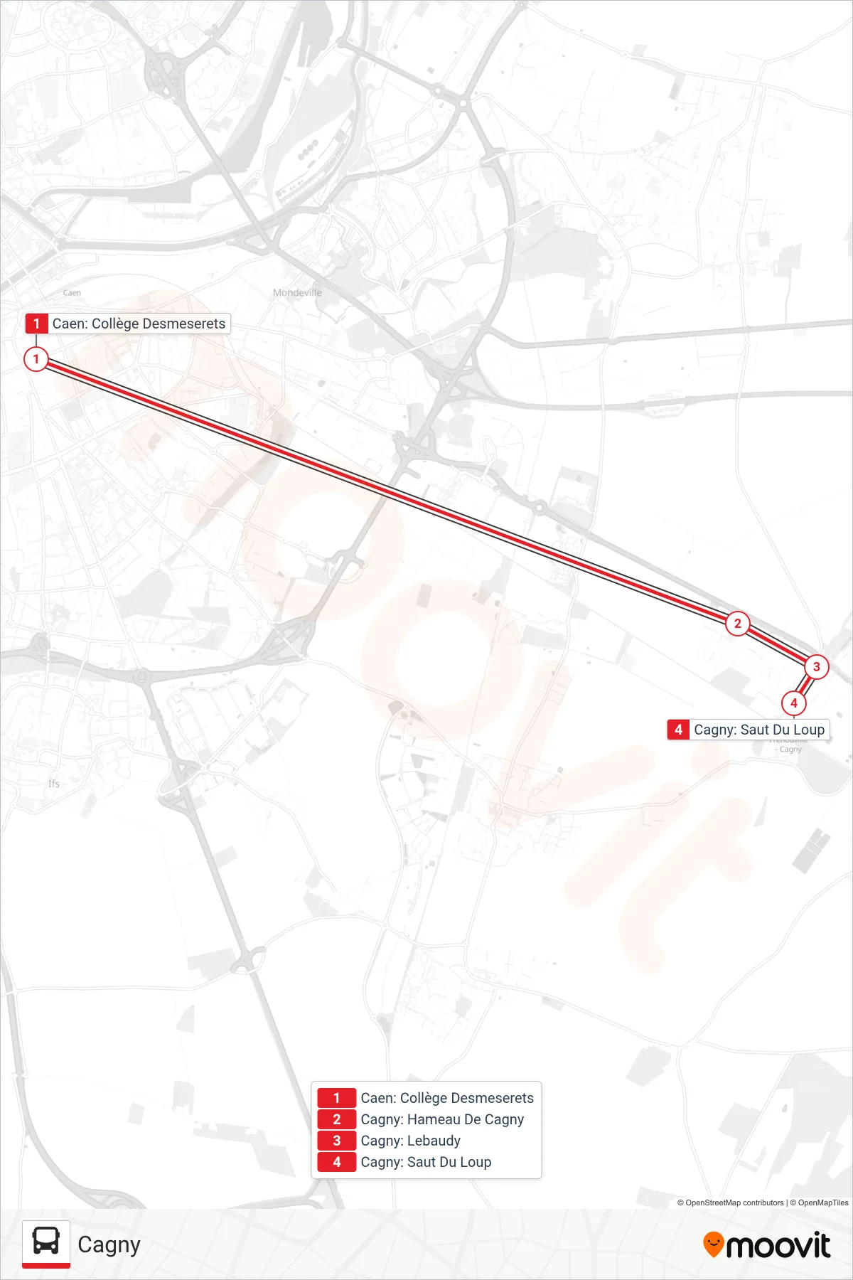 LIGNE 17 bus Line (Cagny) route and stops on a map