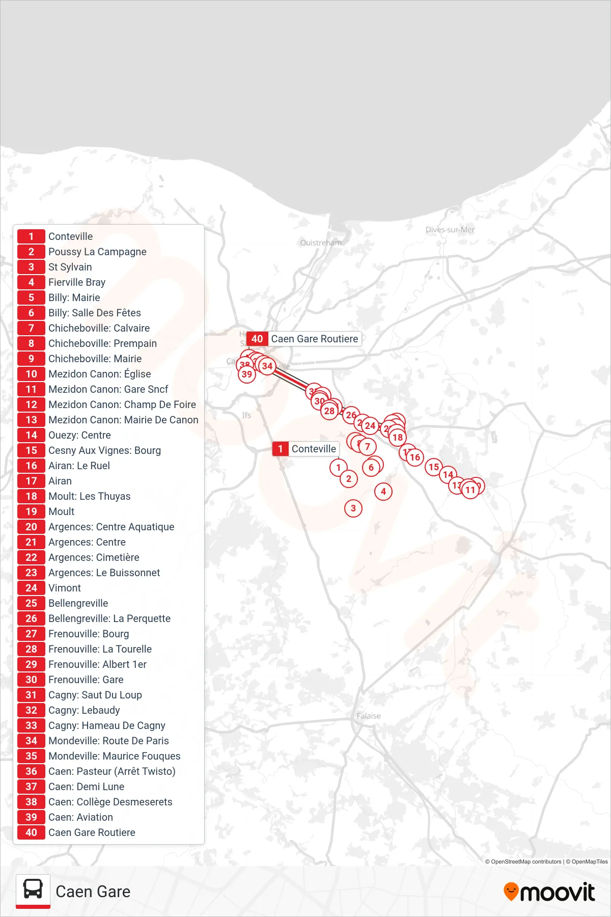 LIGNE 17 bus Line (Caen Gare) route and stops on a map