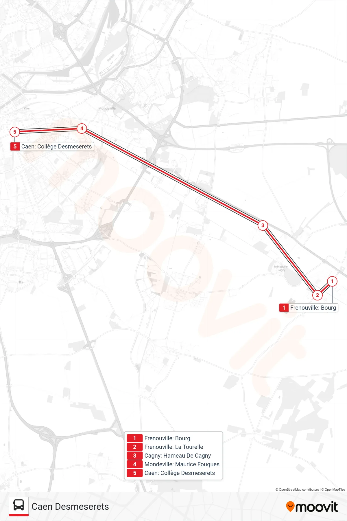 LIGNE 17 bus Line (Caen Desmeserets) route and stops on a map