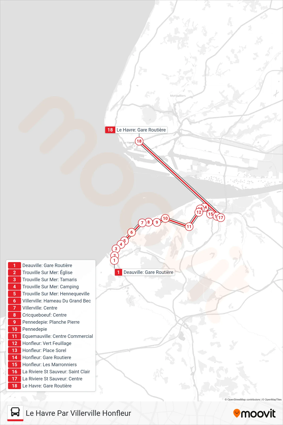 LIGNE 20 bus Line (Le Havre Par Villerville Honfleur) route and stops on a map