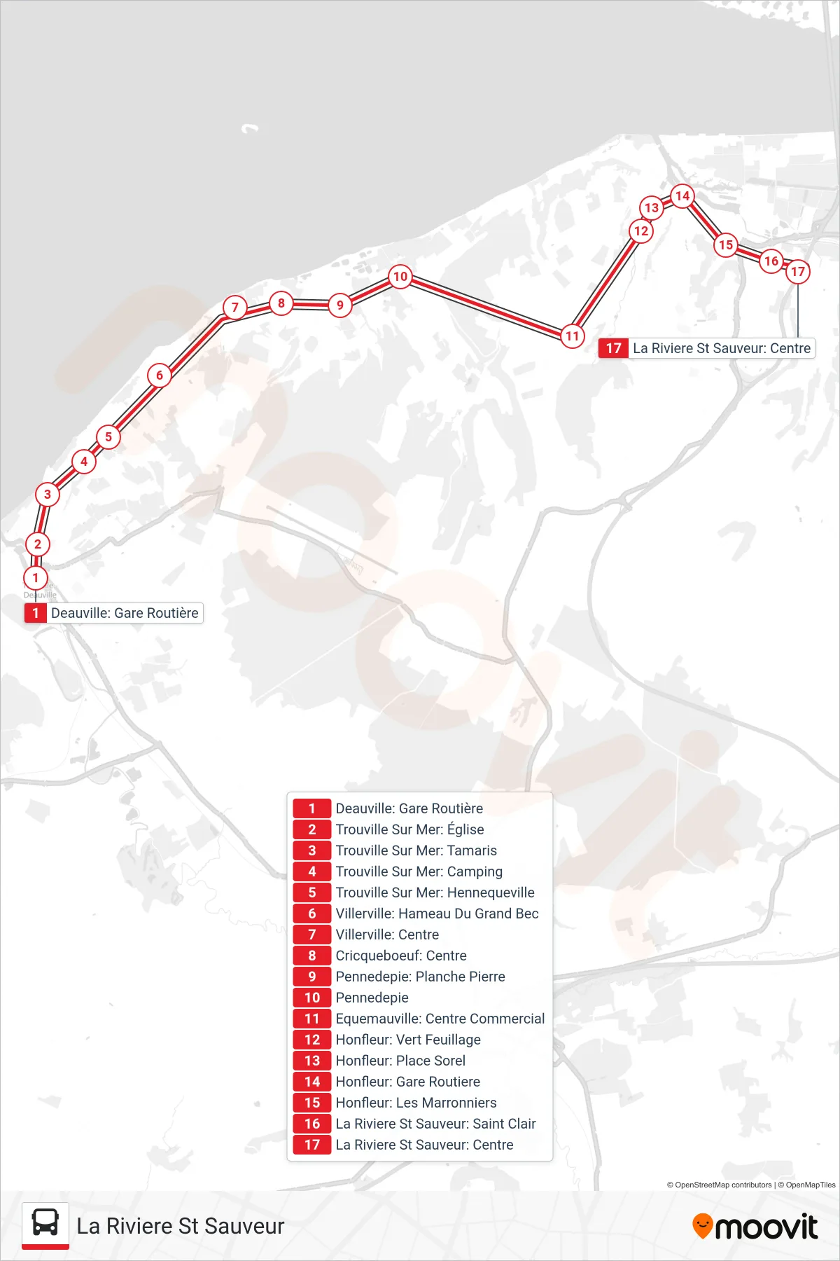 LIGNE 20 bus Line (La Riviere St Sauveur) route and stops on a map