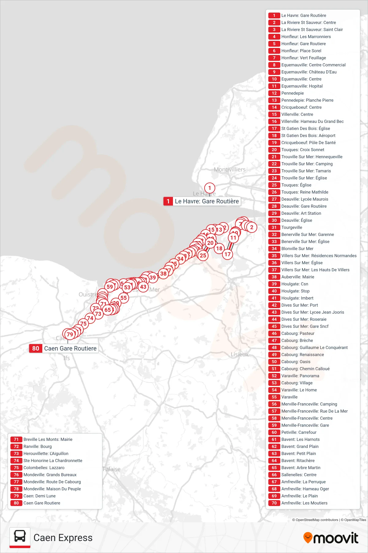 Tracé et arrêts de la ligne LIGNE 20 de bus (Caen Express) sur une carte