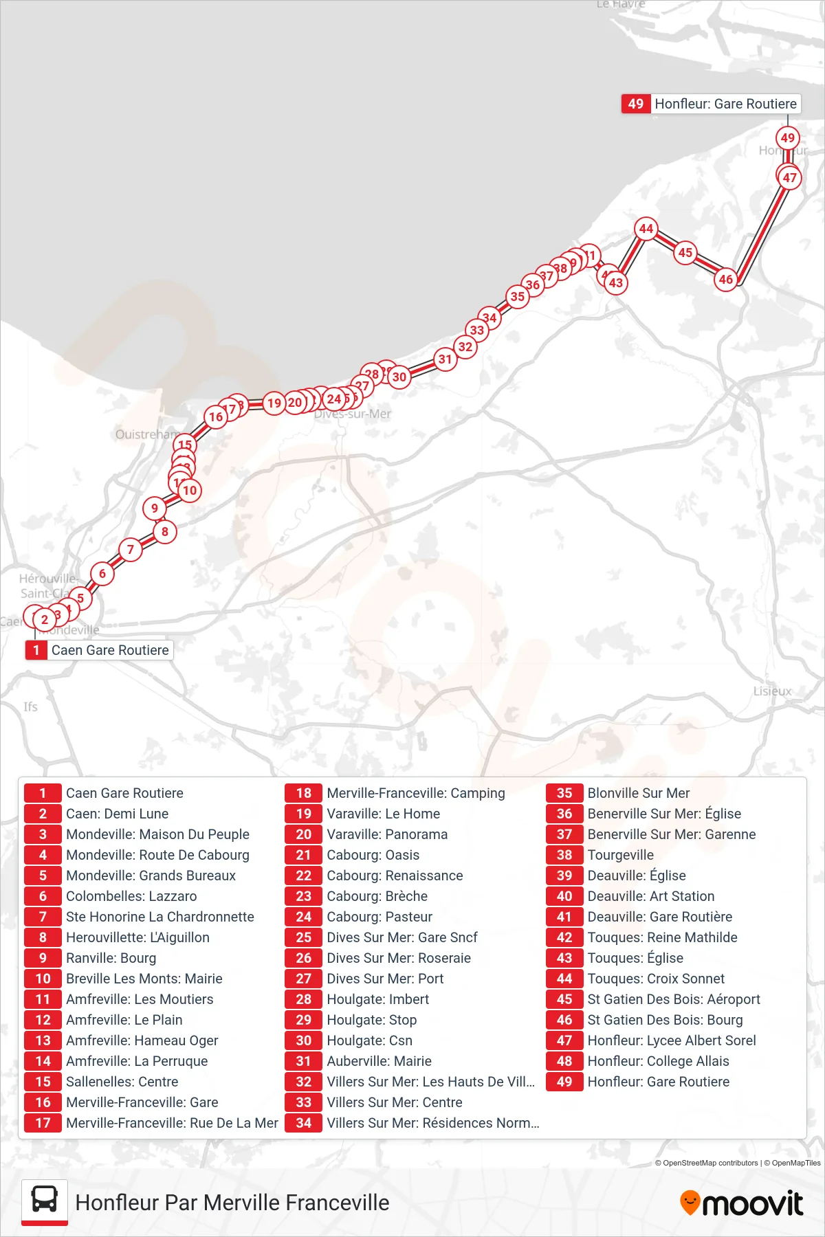 LIGNE 20 bus Line (Honfleur Par Merville Franceville) route and stops on a map