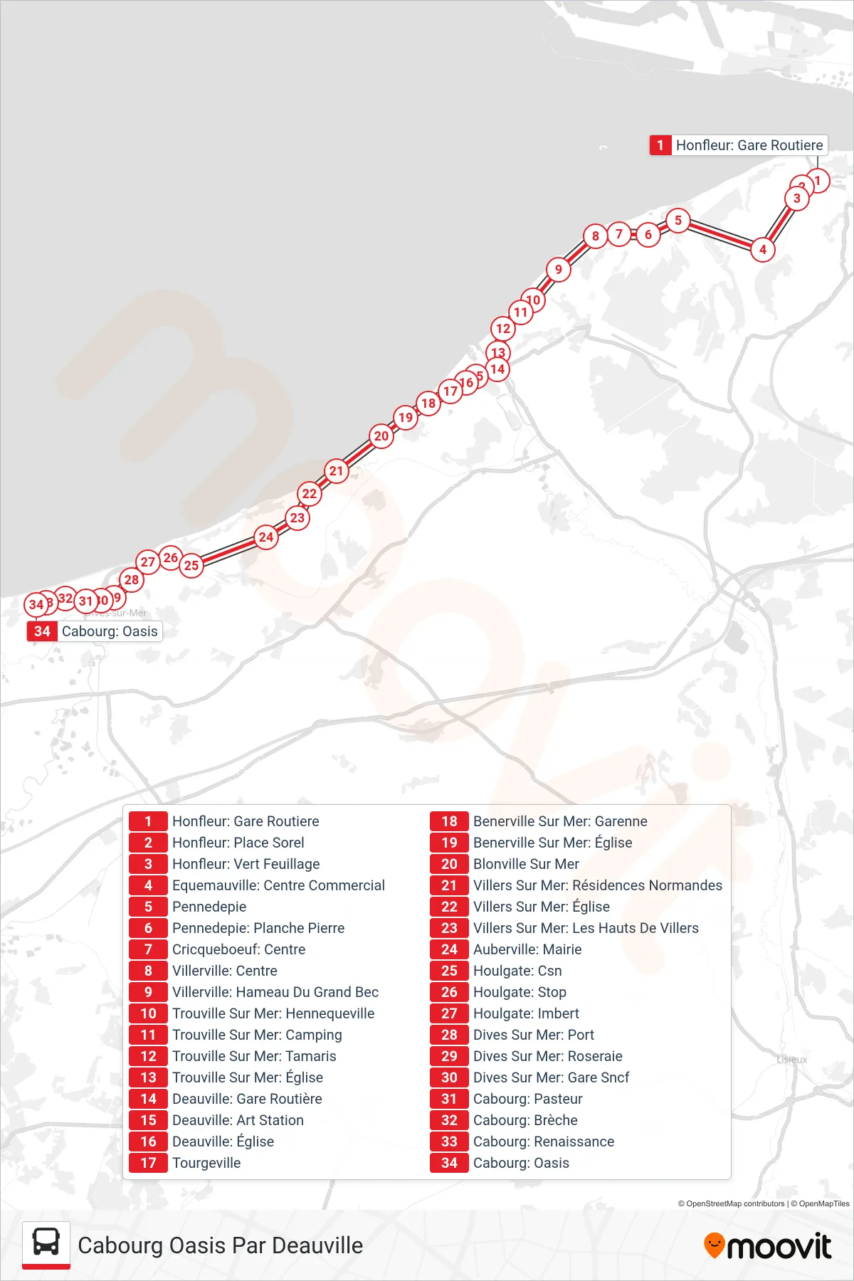 LIGNE 20 bus Line (Cabourg Oasis Par Deauville) route and stops on a map