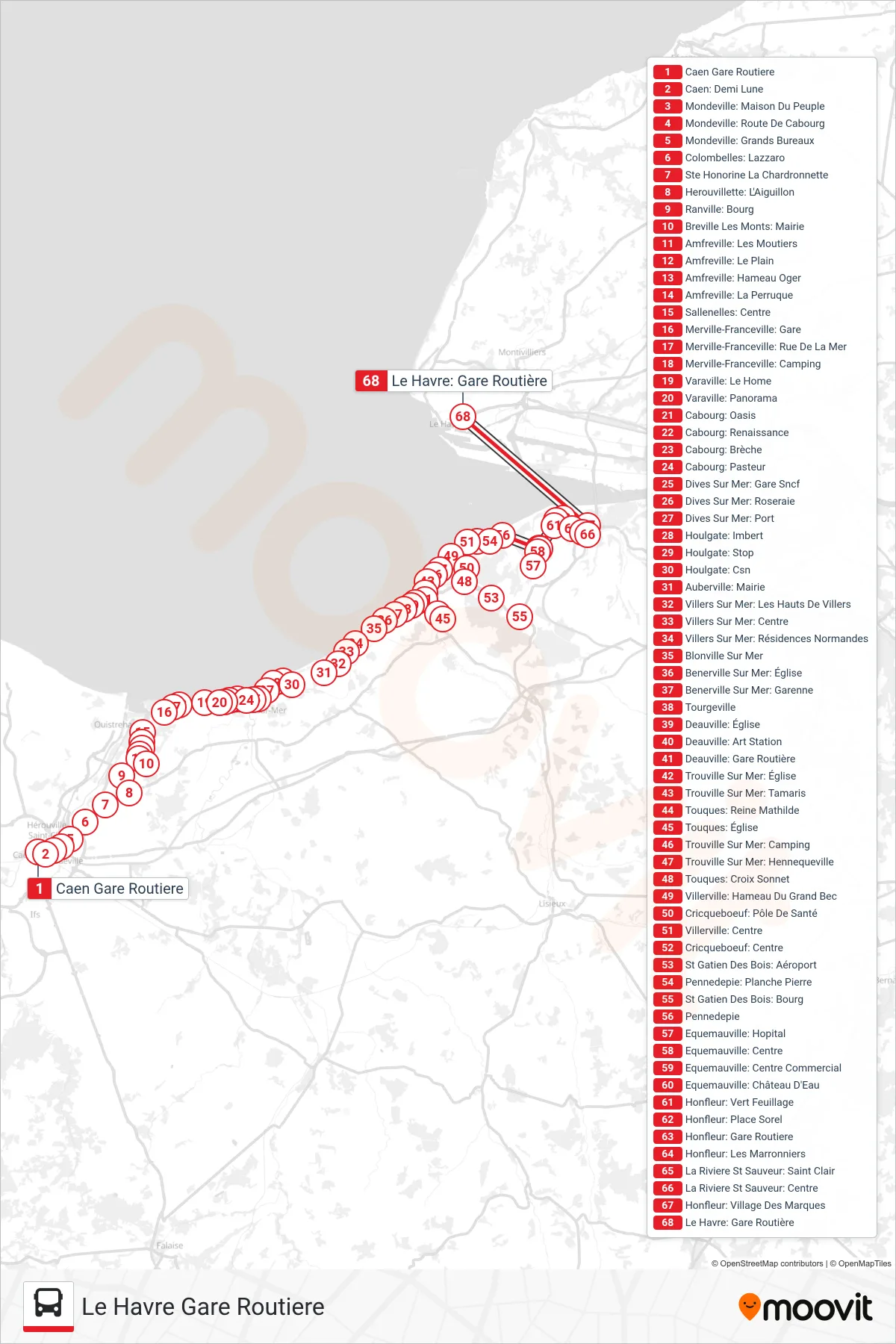 LIGNE 20 bus Line (Le Havre Gare Routiere) route and stops on a map