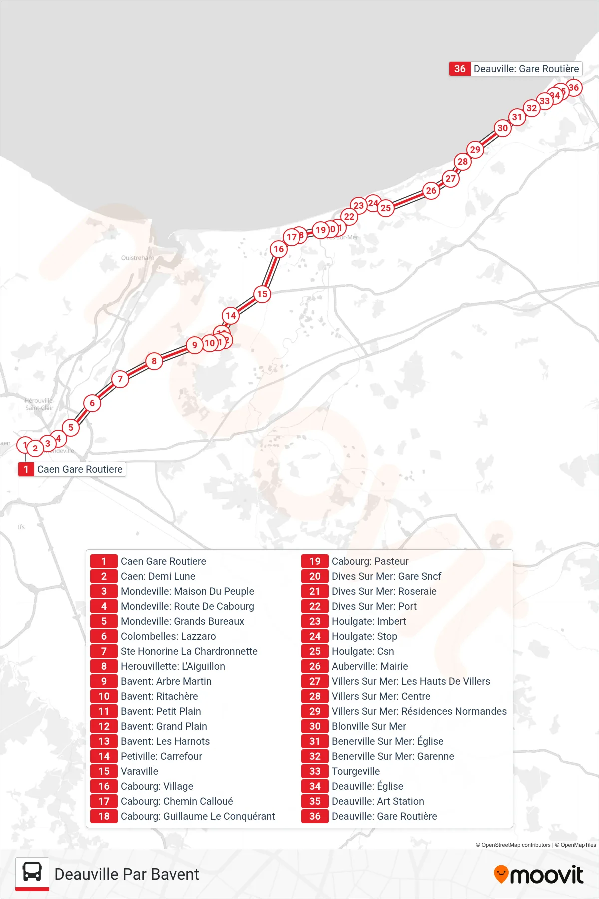 LIGNE 20 bus Line (Deauville Par Bavent) route and stops on a map