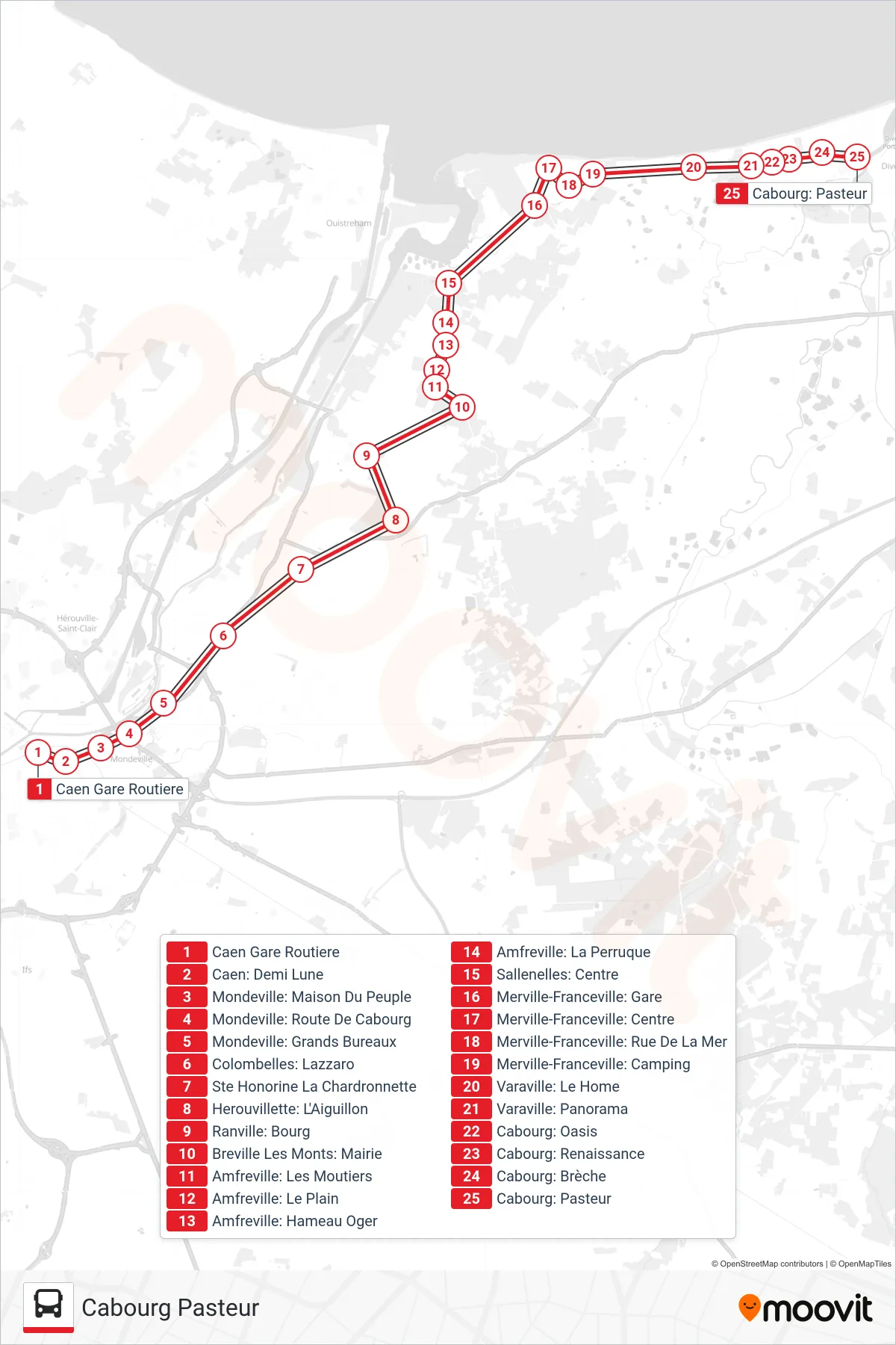 LIGNE 20 bus Line (Cabourg Pasteur) route and stops on a map