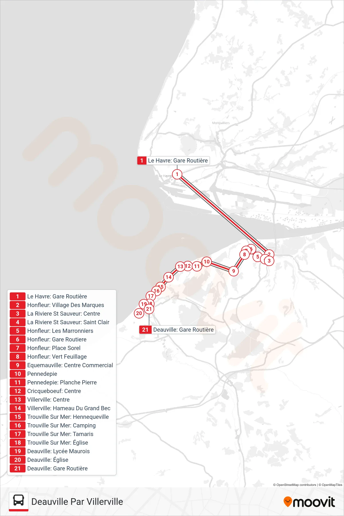 LIGNE 20 bus Line (Deauville Par Villerville) route and stops on a map