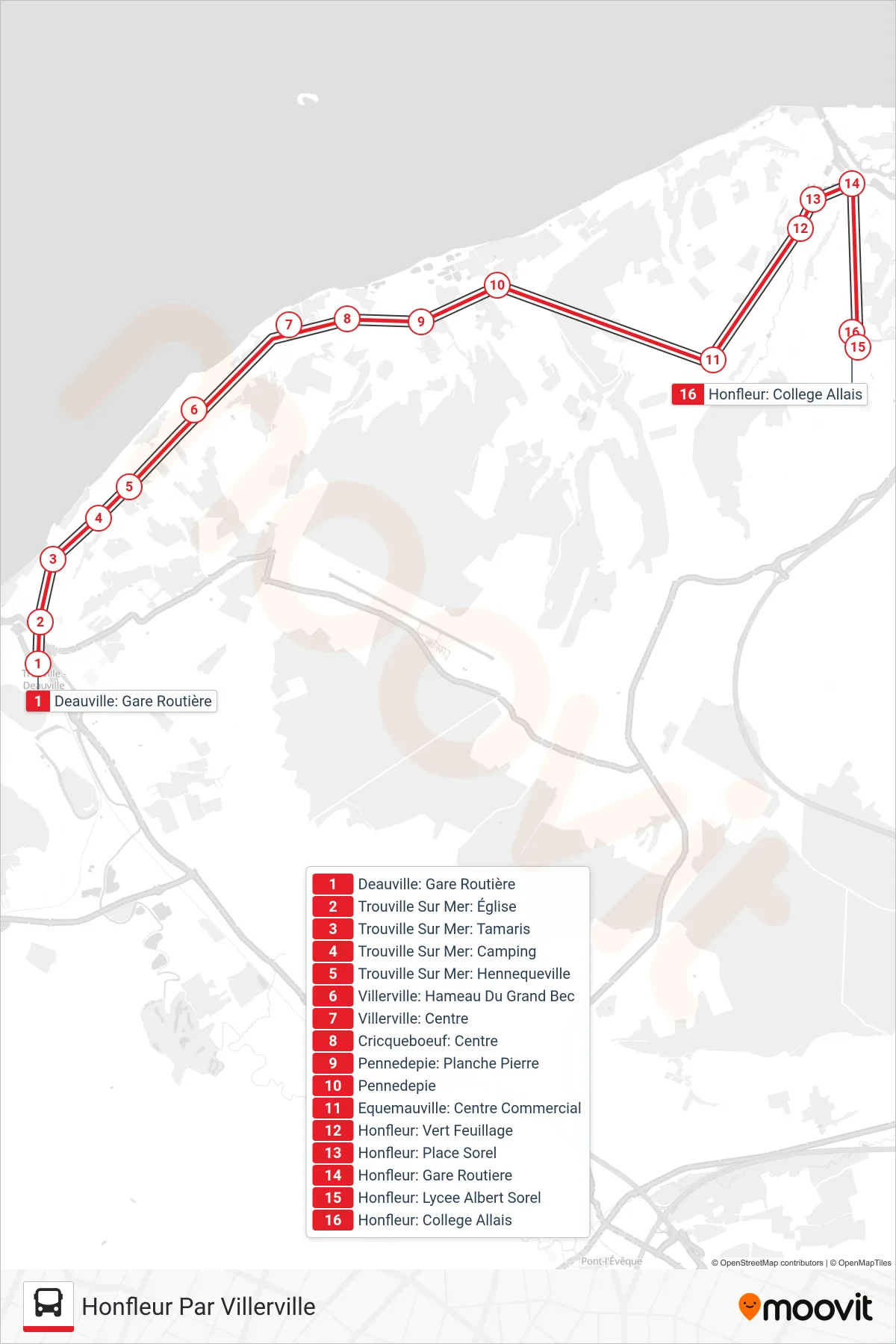 LIGNE 20 bus Line (Honfleur Par Villerville) route and stops on a map