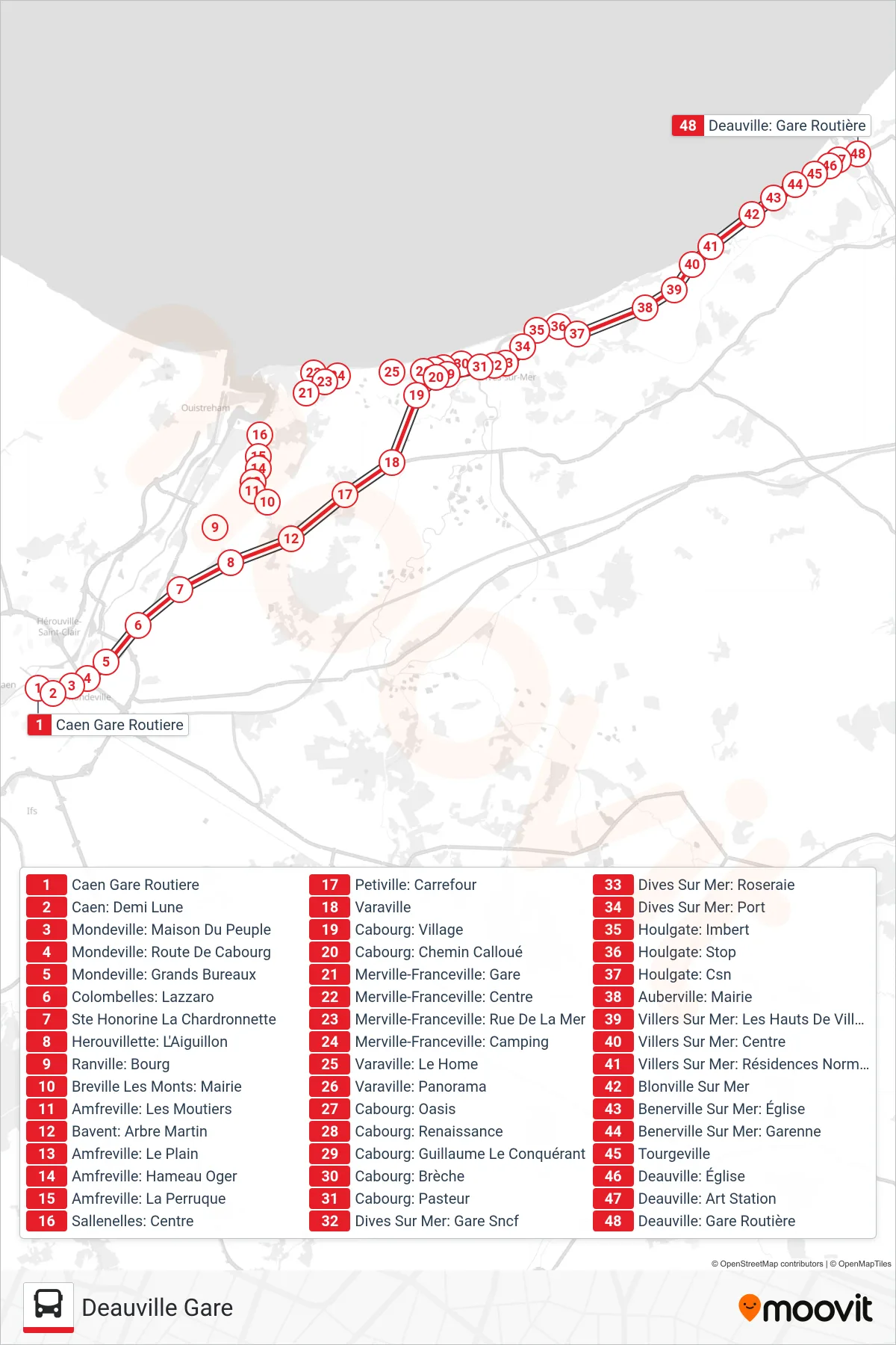 LIGNE 20 bus Line (Deauville Gare) route and stops on a map