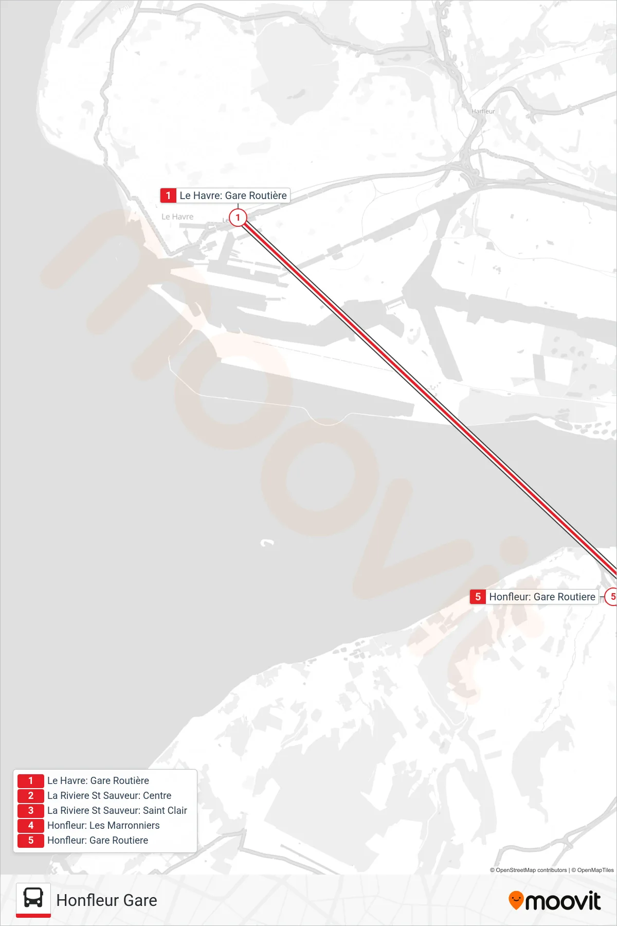 LIGNE 20 bus Line (Honfleur Gare) route and stops on a map