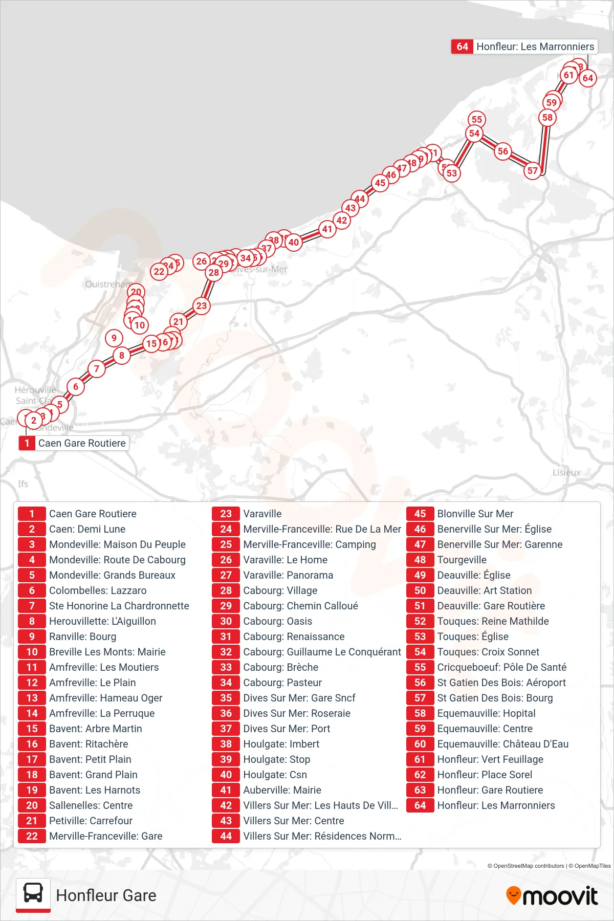 LIGNE 20 bus Line (Honfleur Gare) route and stops on a map