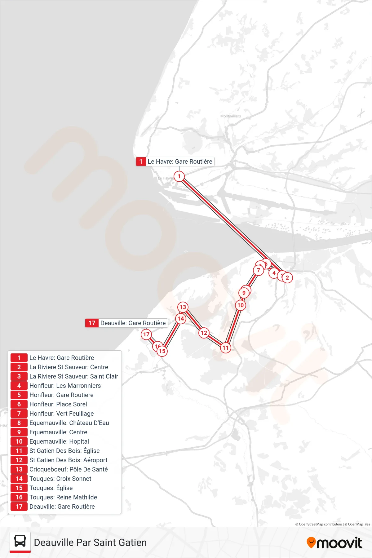 LIGNE 20 bus Line (Deauville Par Saint Gatien) route and stops on a map