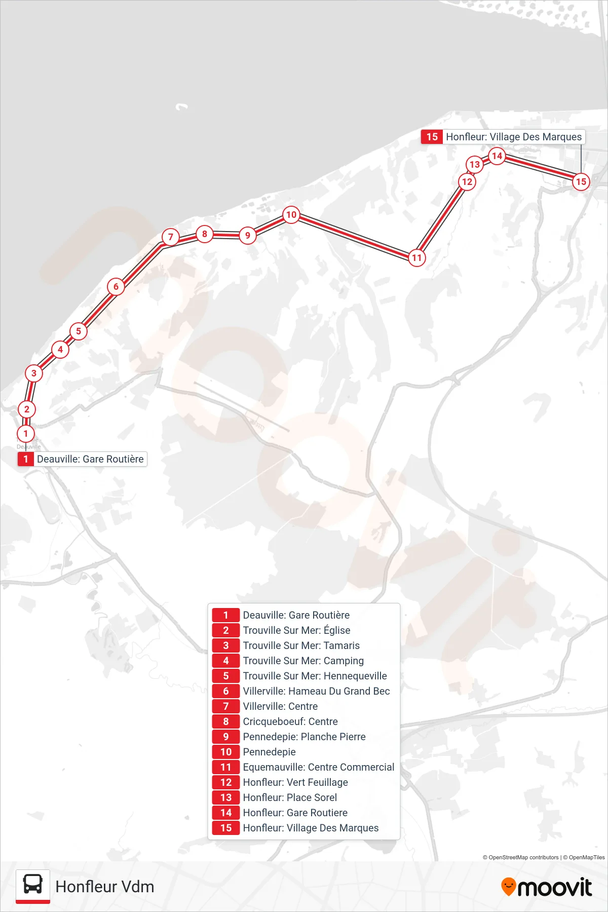 LIGNE 20 bus Line (Honfleur Vdm) route and stops on a map