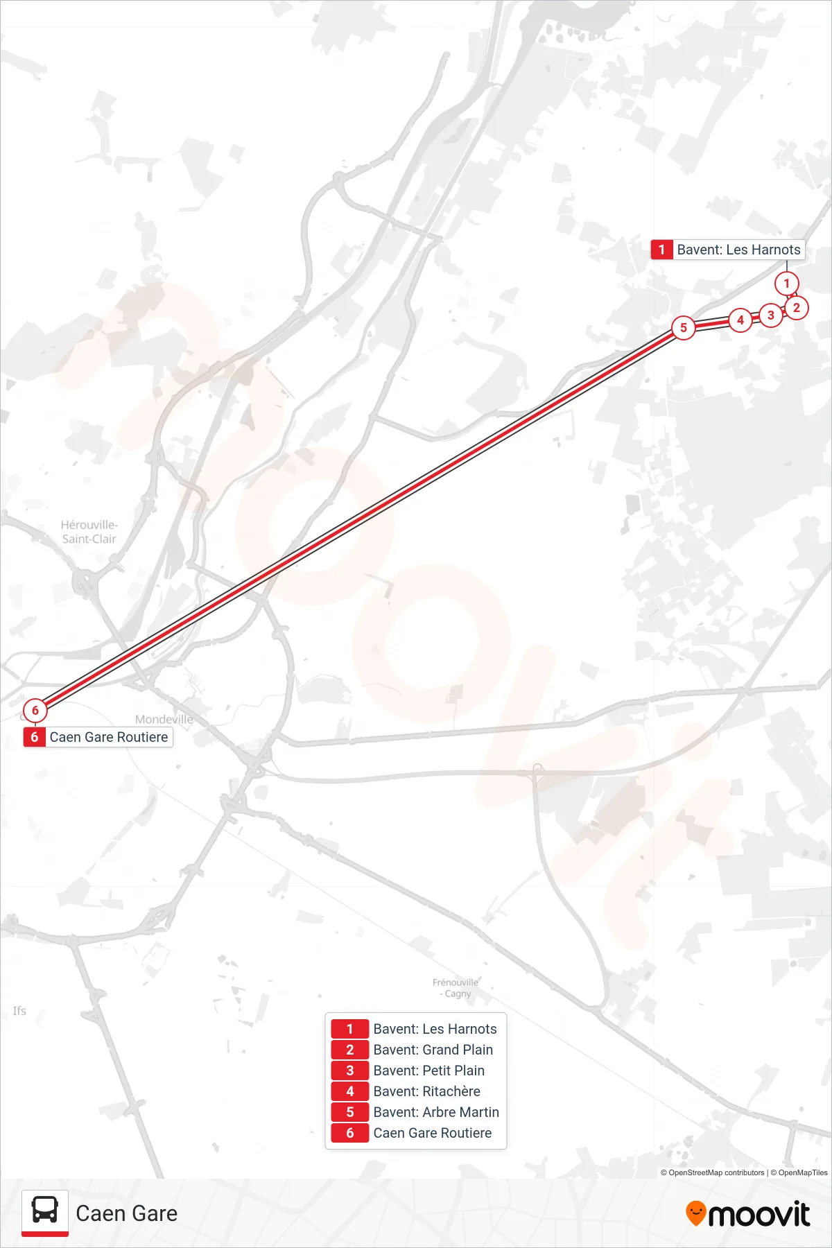 LIGNE 20 bus Line (Caen Gare) route and stops on a map
