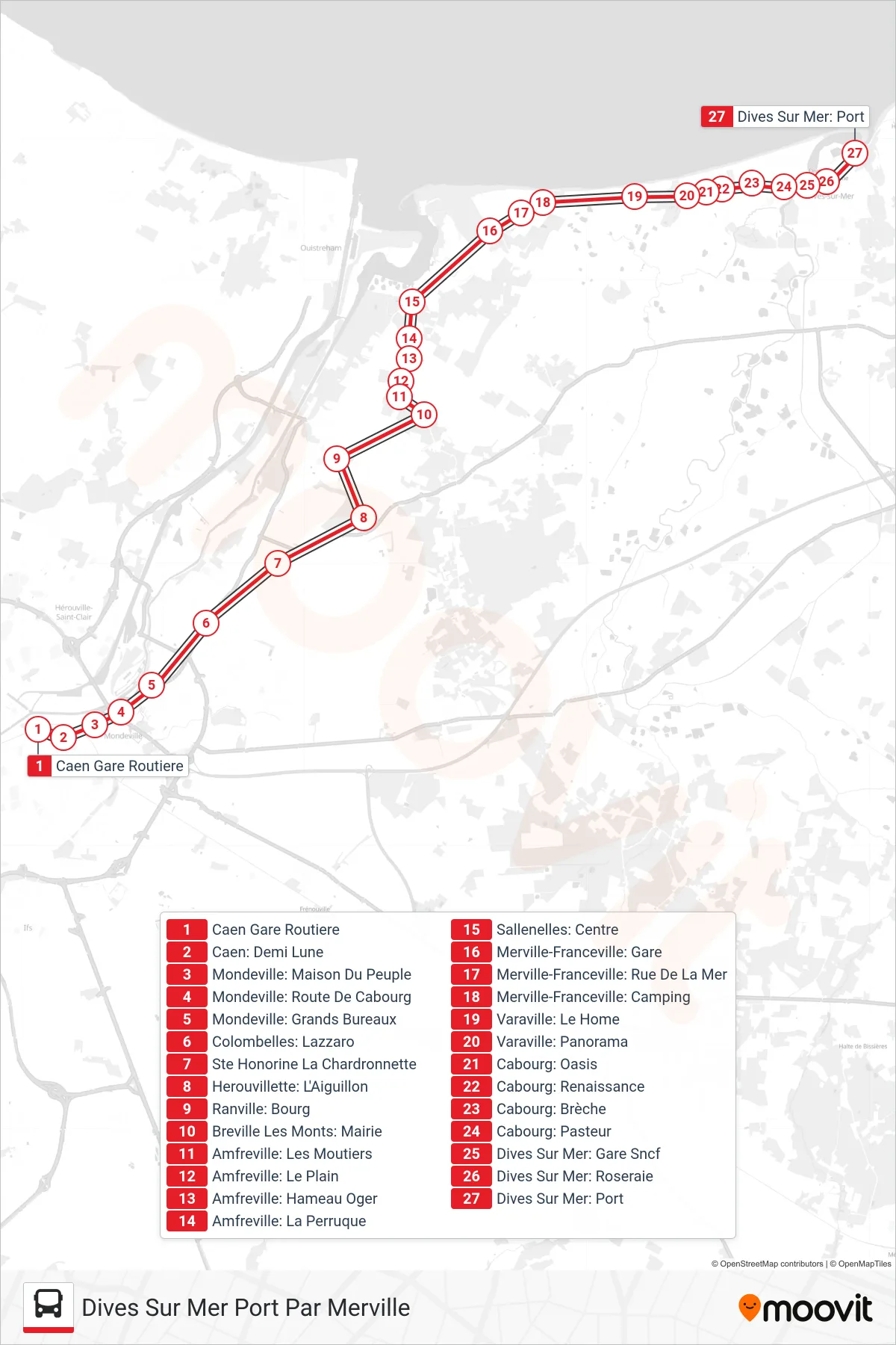 LIGNE 20 bus Line (Dives Sur Mer Port Par Merville) route and stops on a map