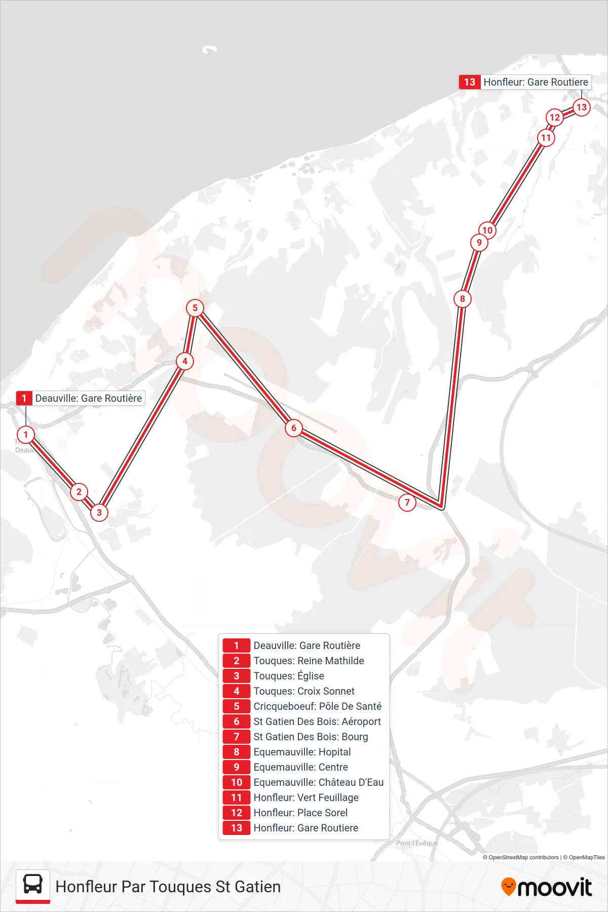 LIGNE 20 bus Line (Honfleur Par Touques St Gatien) route and stops on a map