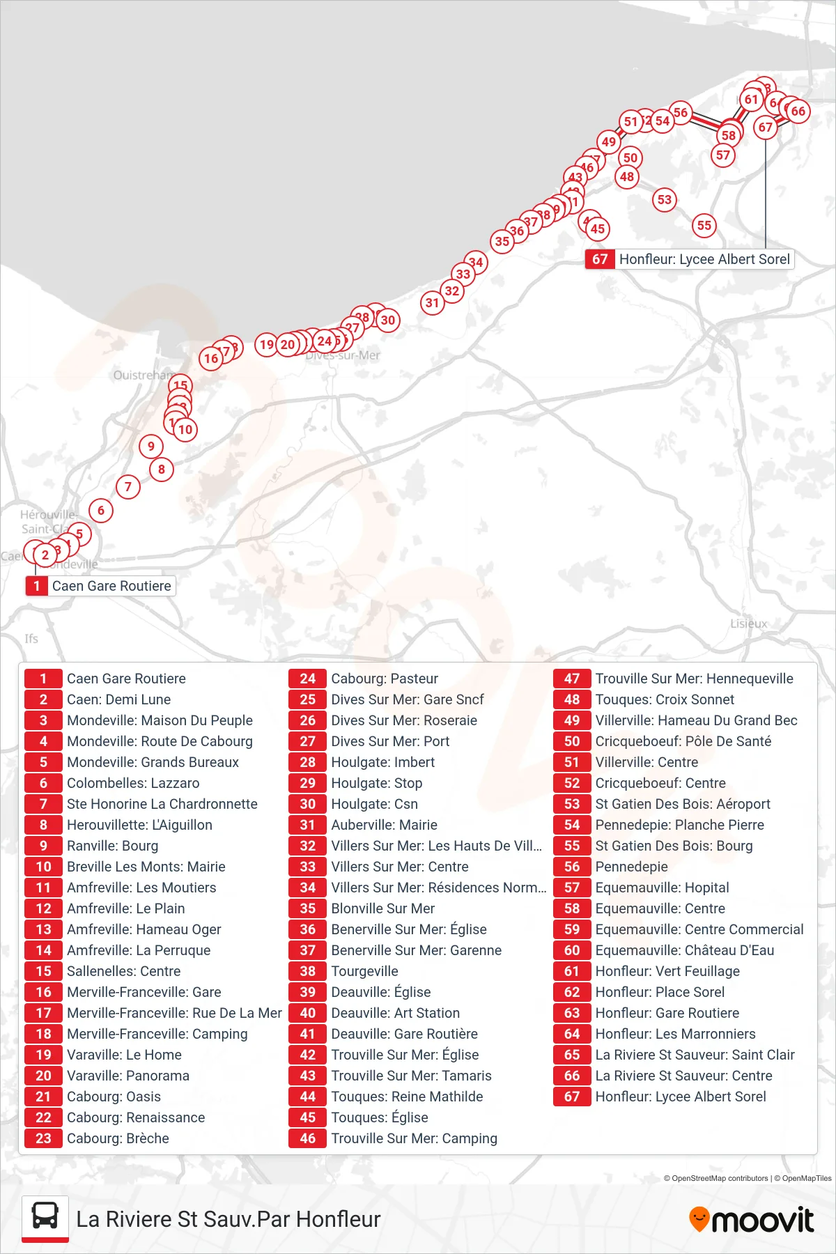 LIGNE 20 bus Line (La Riviere St Sauv.Par Honfleur) route and stops on a map