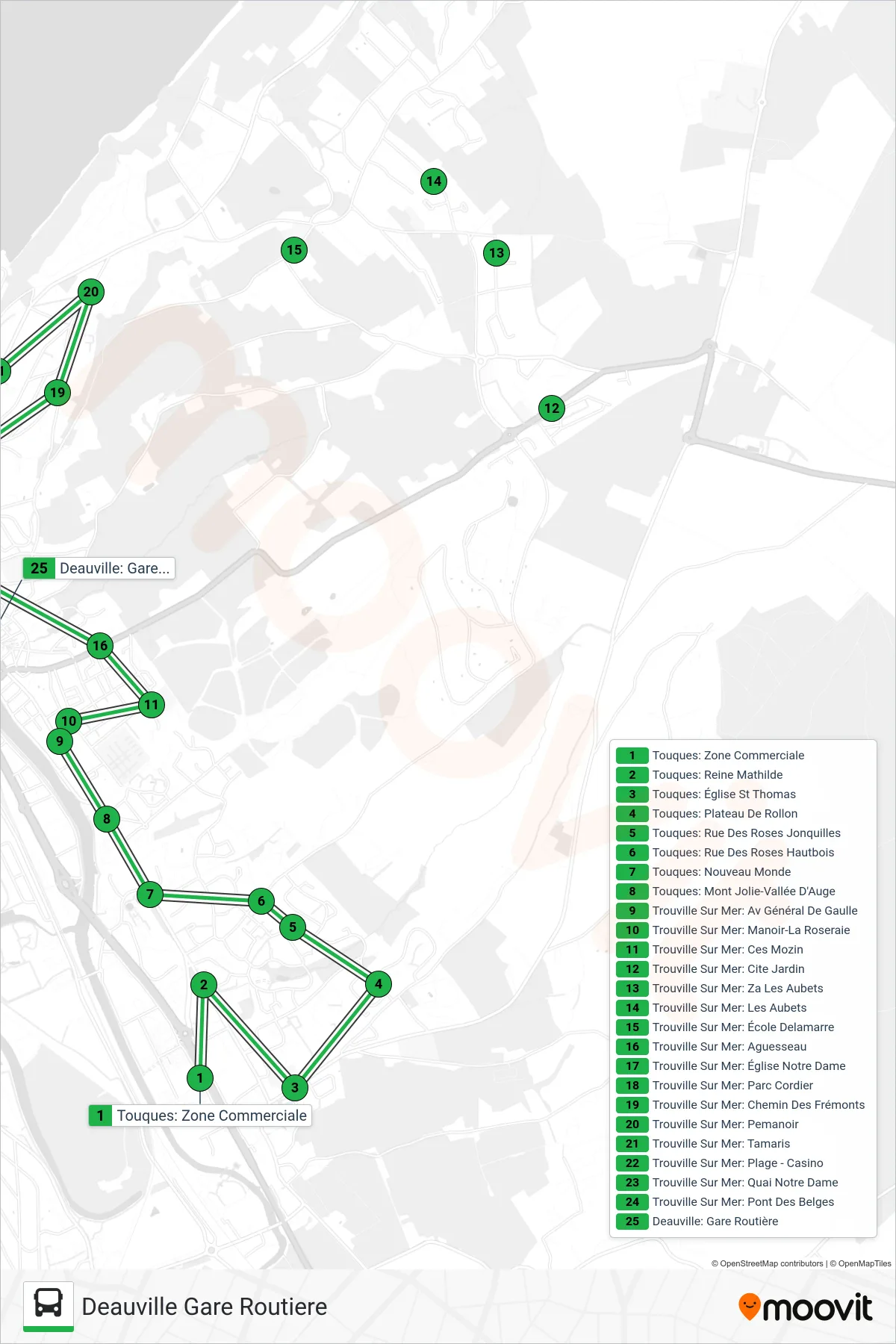 Tracé et arrêts de la ligne LIGNE 22 de bus (Deauville Gare Routiere) sur une carte