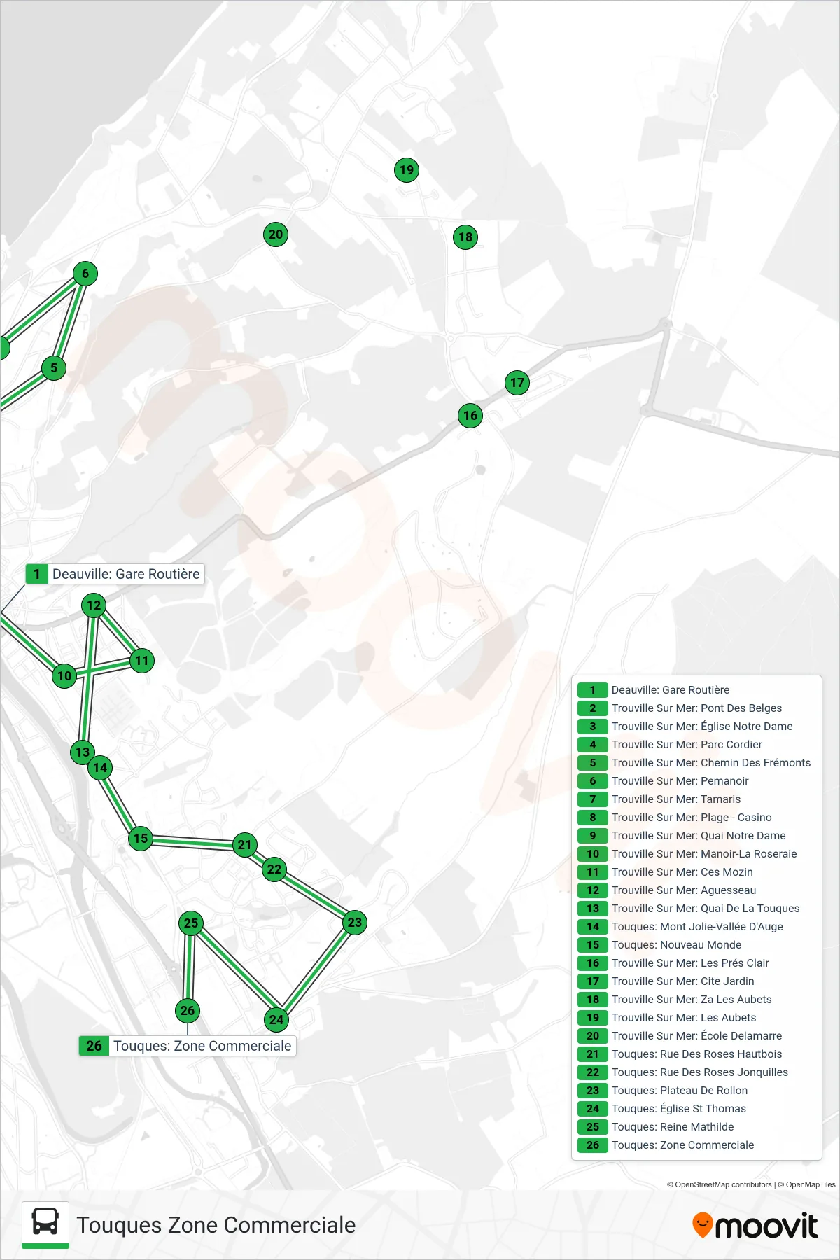 Tracé et arrêts de la ligne LIGNE 22 de bus (Touques Zone Commerciale) sur une carte
