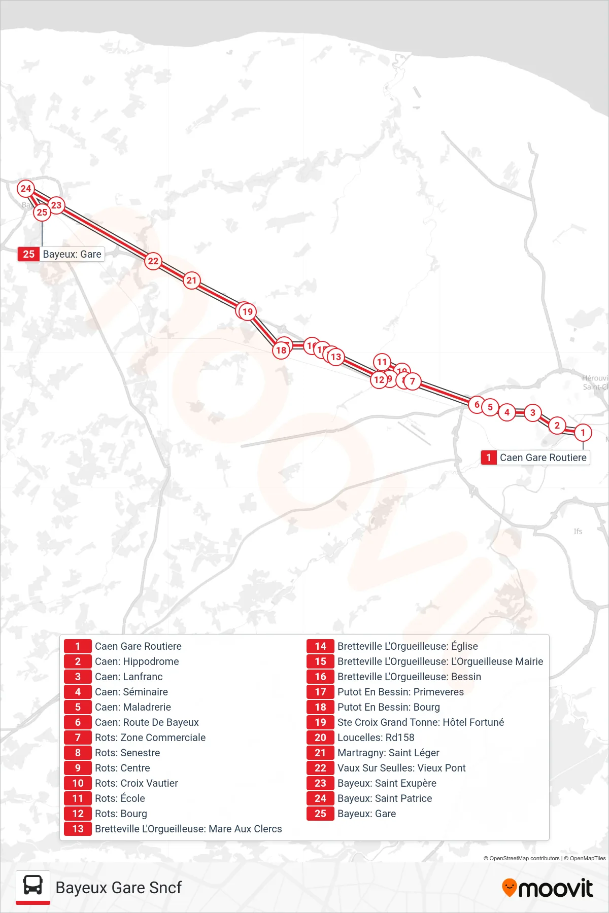 LIGNE 30 bus Line (Bayeux Gare Sncf) route and stops on a map