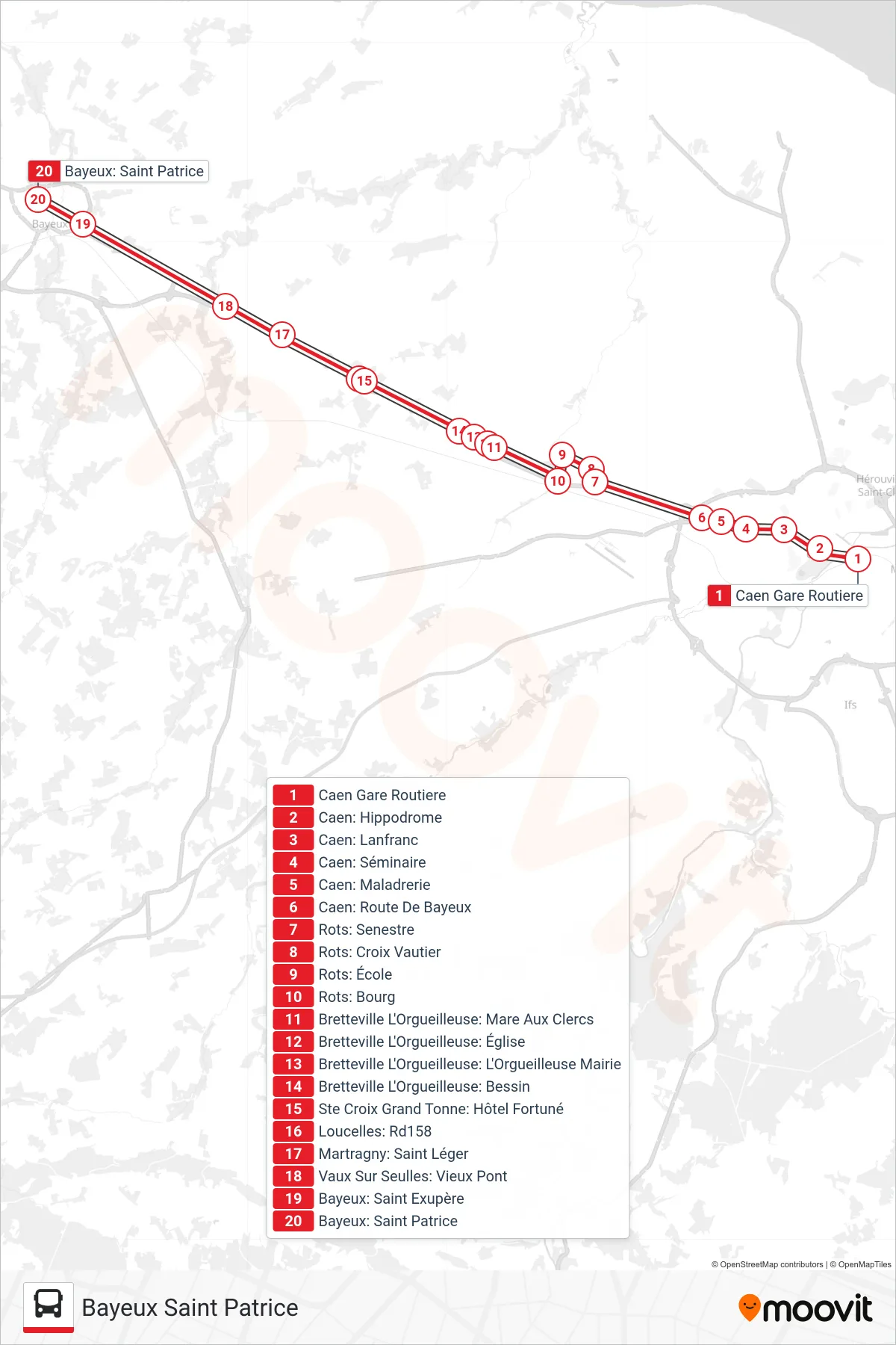 LIGNE 30 bus Line (Bayeux Saint Patrice) route and stops on a map