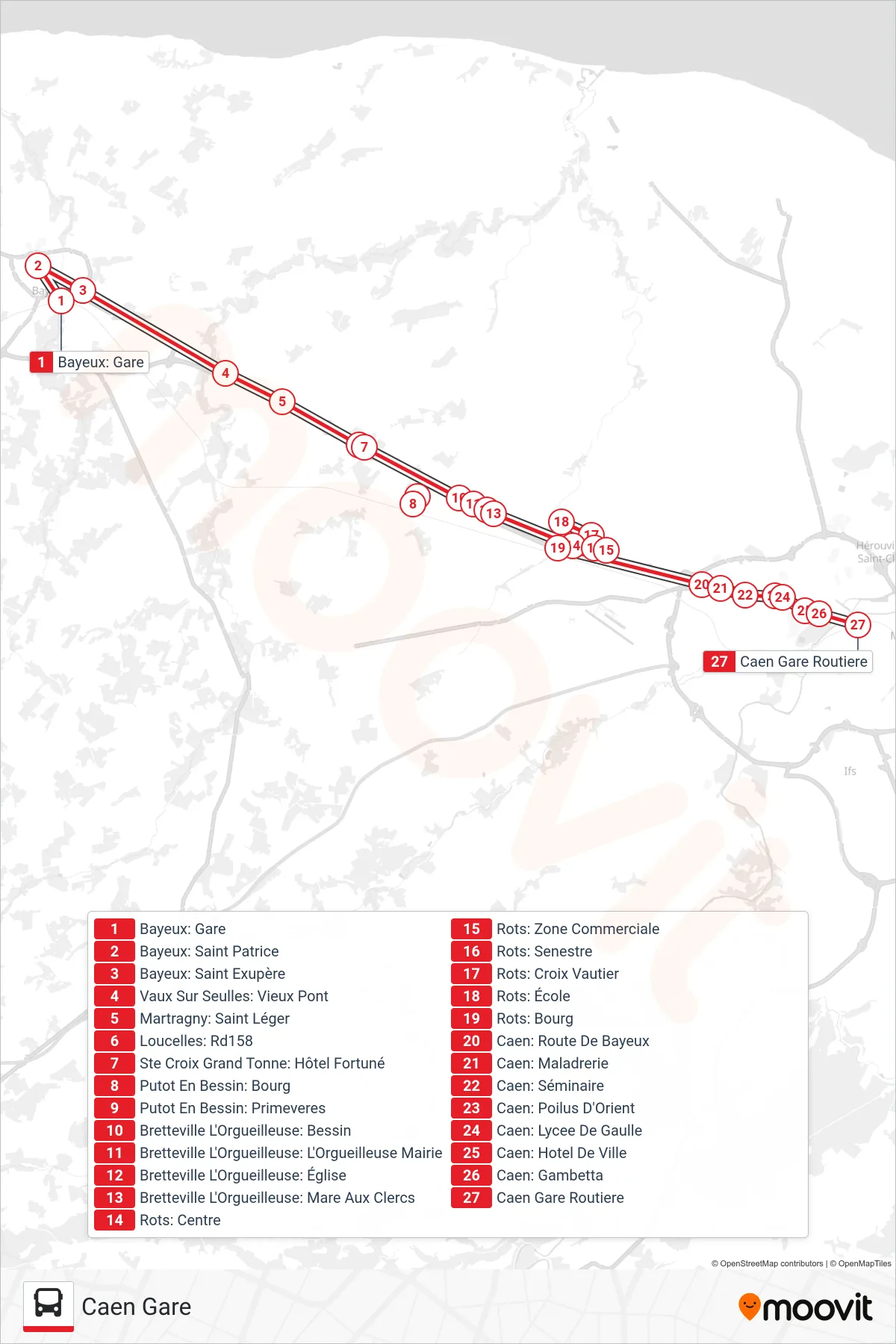 Tracé et arrêts de la ligne LIGNE 30 de bus (Caen Gare) sur une carte