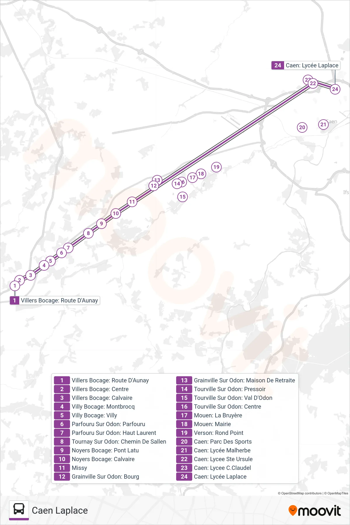 Tracé et arrêts de la ligne LIGNE 31 de bus (Caen Laplace) sur une carte