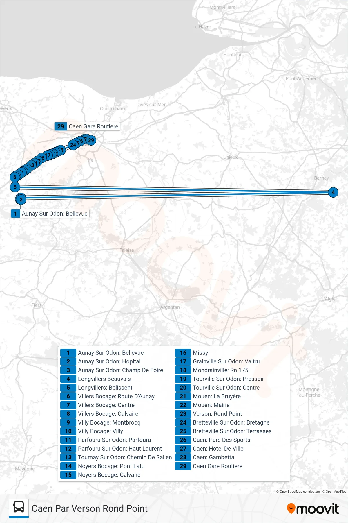 LIGNE 32 bus Line (Caen Par Verson Rond Point) route and stops on a map