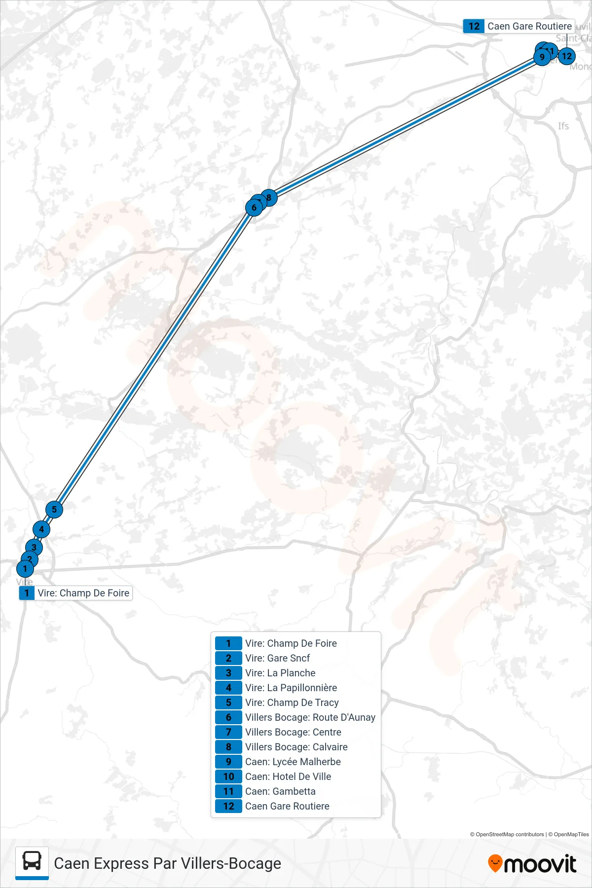 LIGNE 32 bus Line (Caen Express Par Villers-Bocage) route and stops on a map