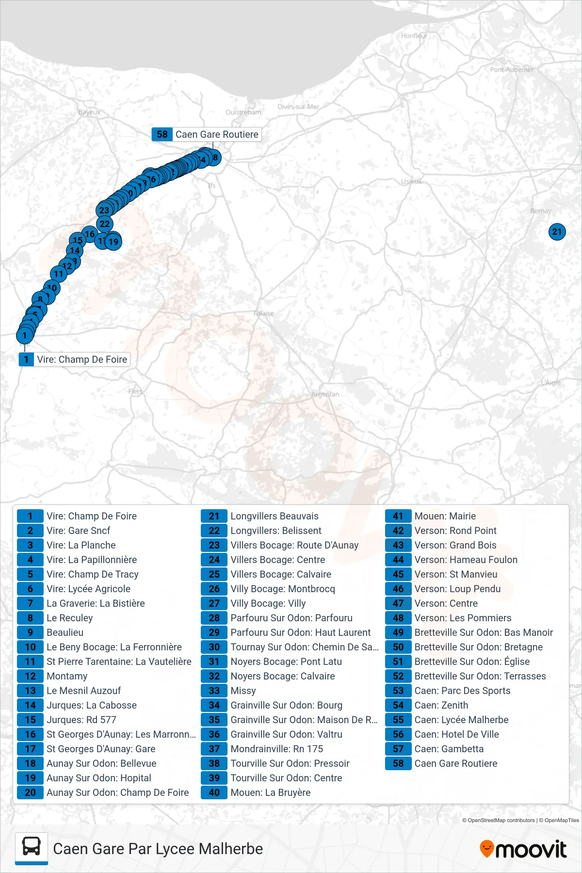 Tracé et arrêts de la ligne LIGNE 32 de bus (Caen Gare Par Lycee Malherbe) sur une carte