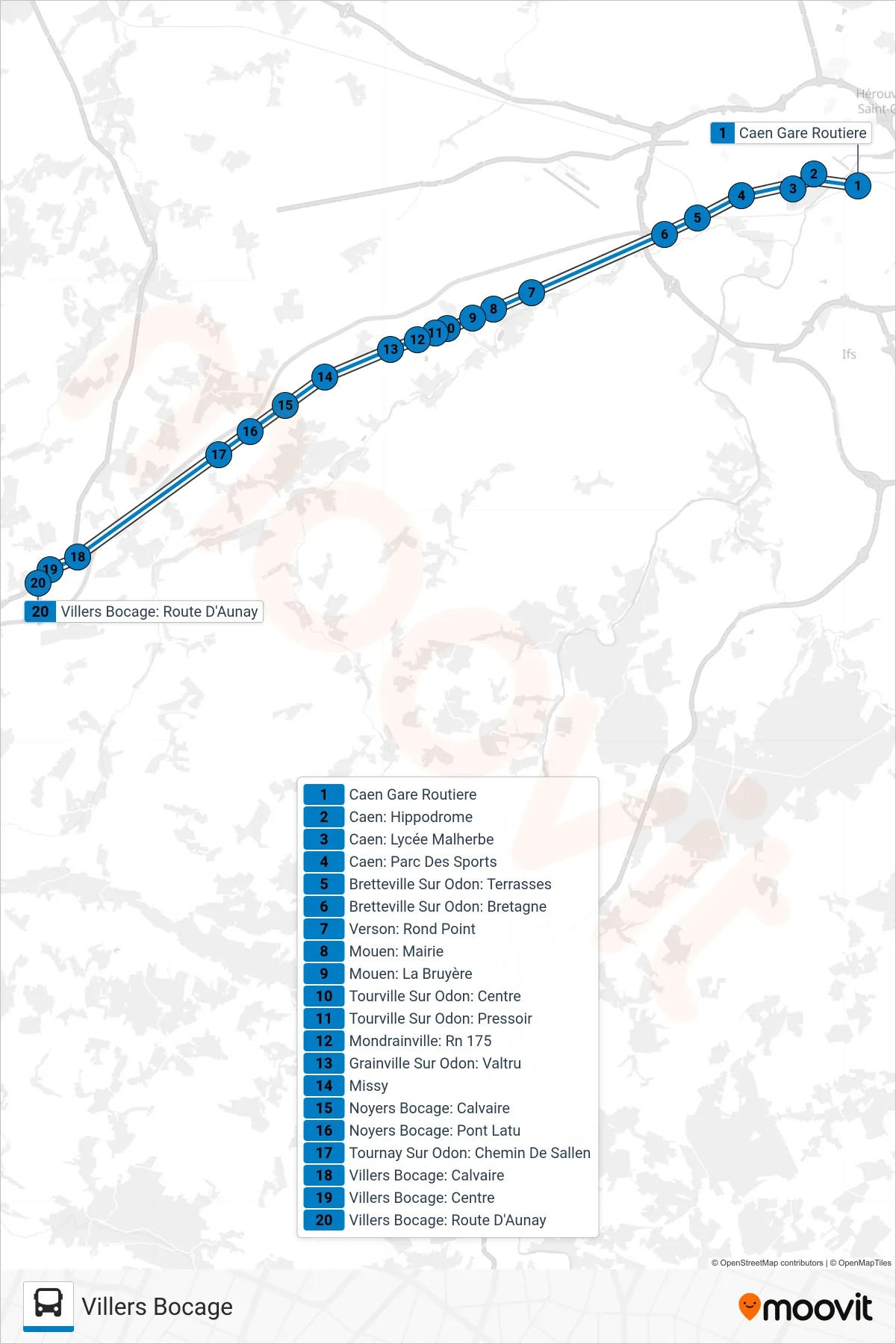LIGNE 32 bus Line (Villers Bocage) route and stops on a map