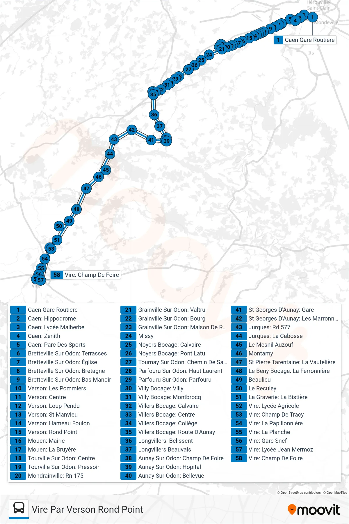 LIGNE 32 bus Line (Vire Par Verson Rond Point) route and stops on a map