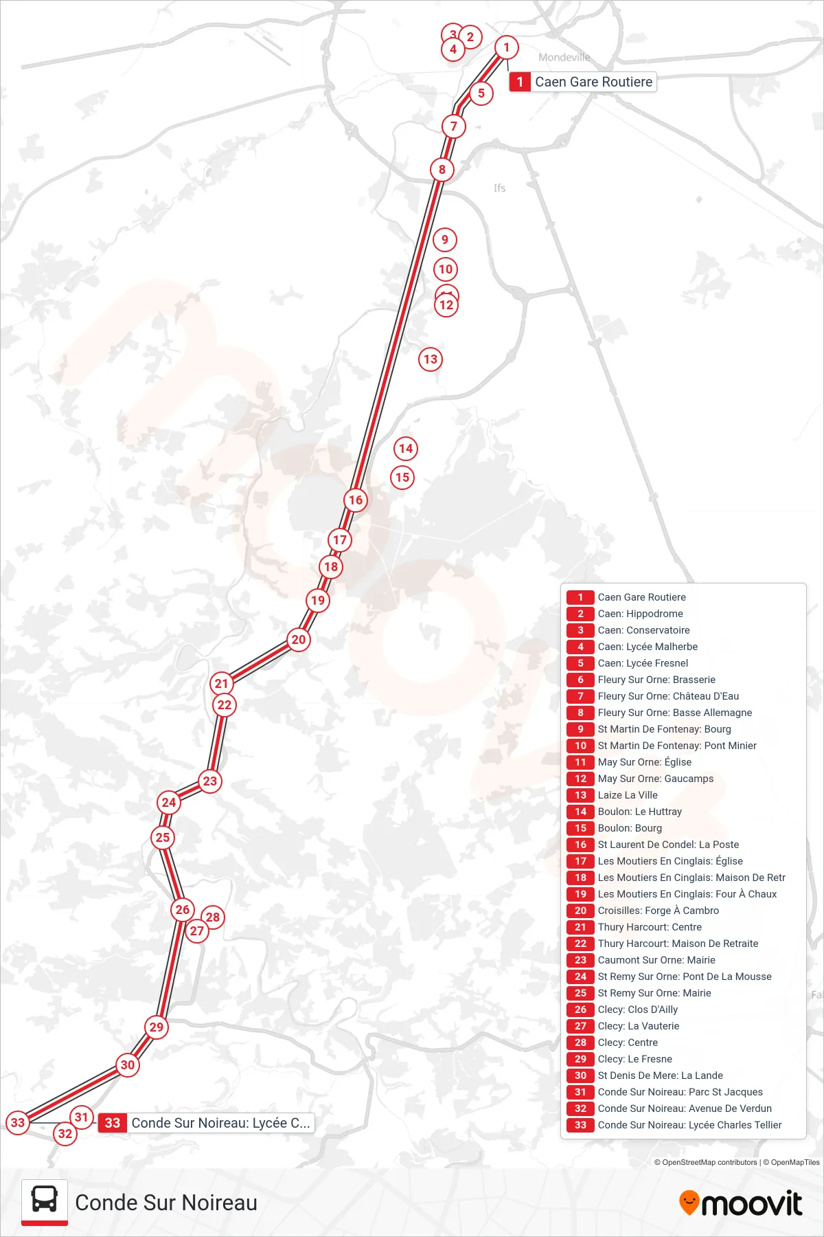 LIGNE 34 bus Line (Conde Sur Noireau) route and stops on a map