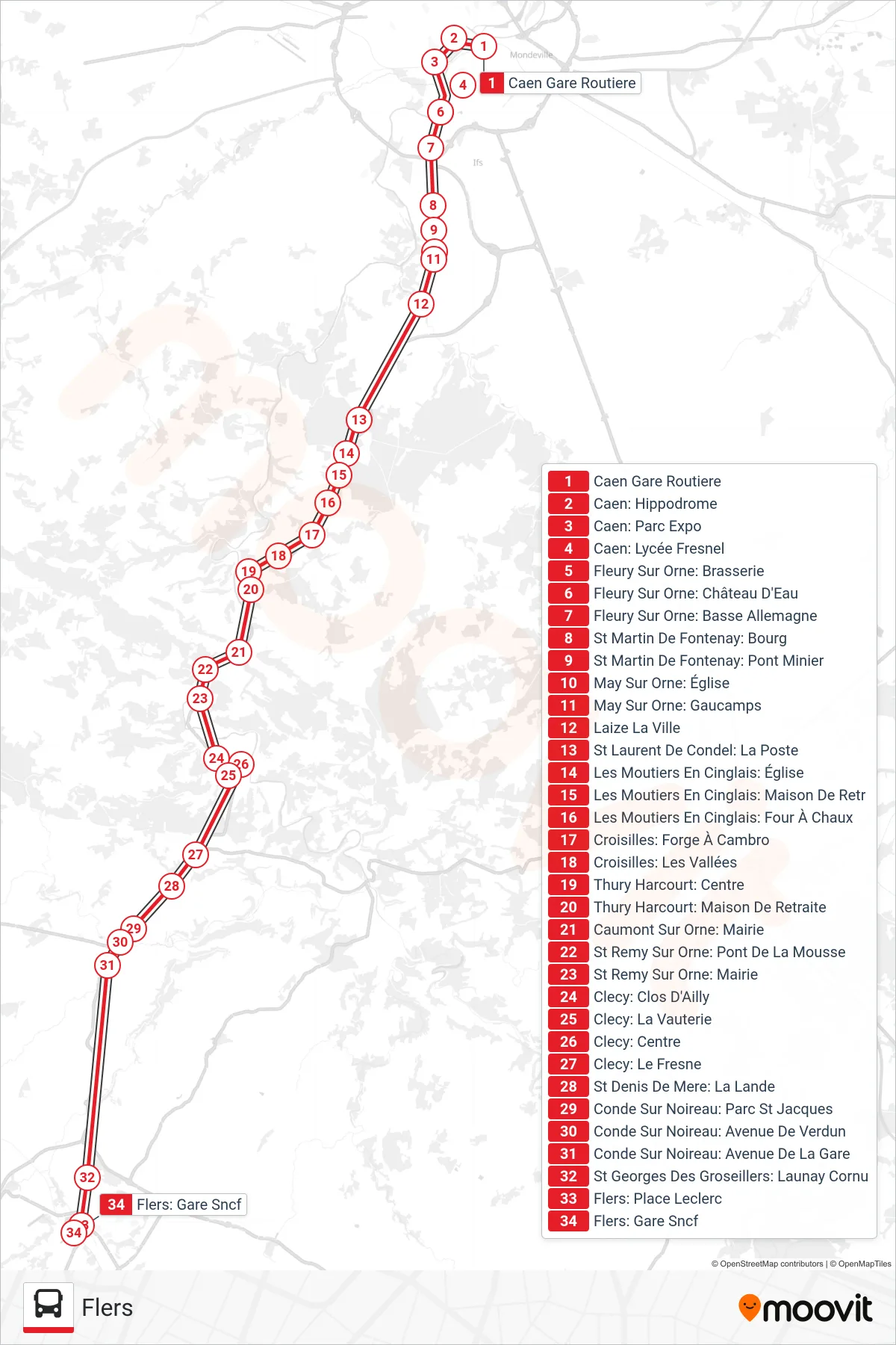 LIGNE 34 bus Line (Flers) route and stops on a map