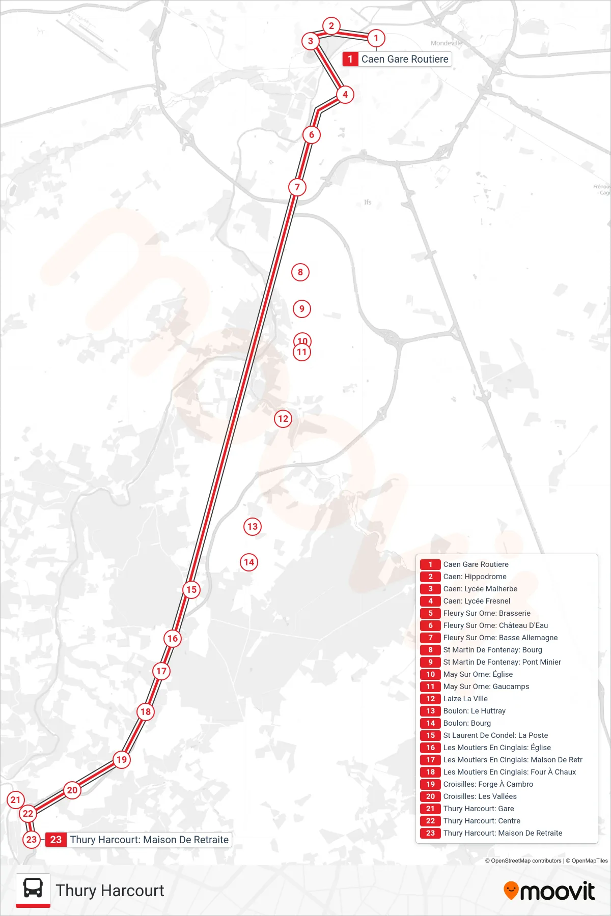 LIGNE 34 bus Line (Thury Harcourt) route and stops on a map