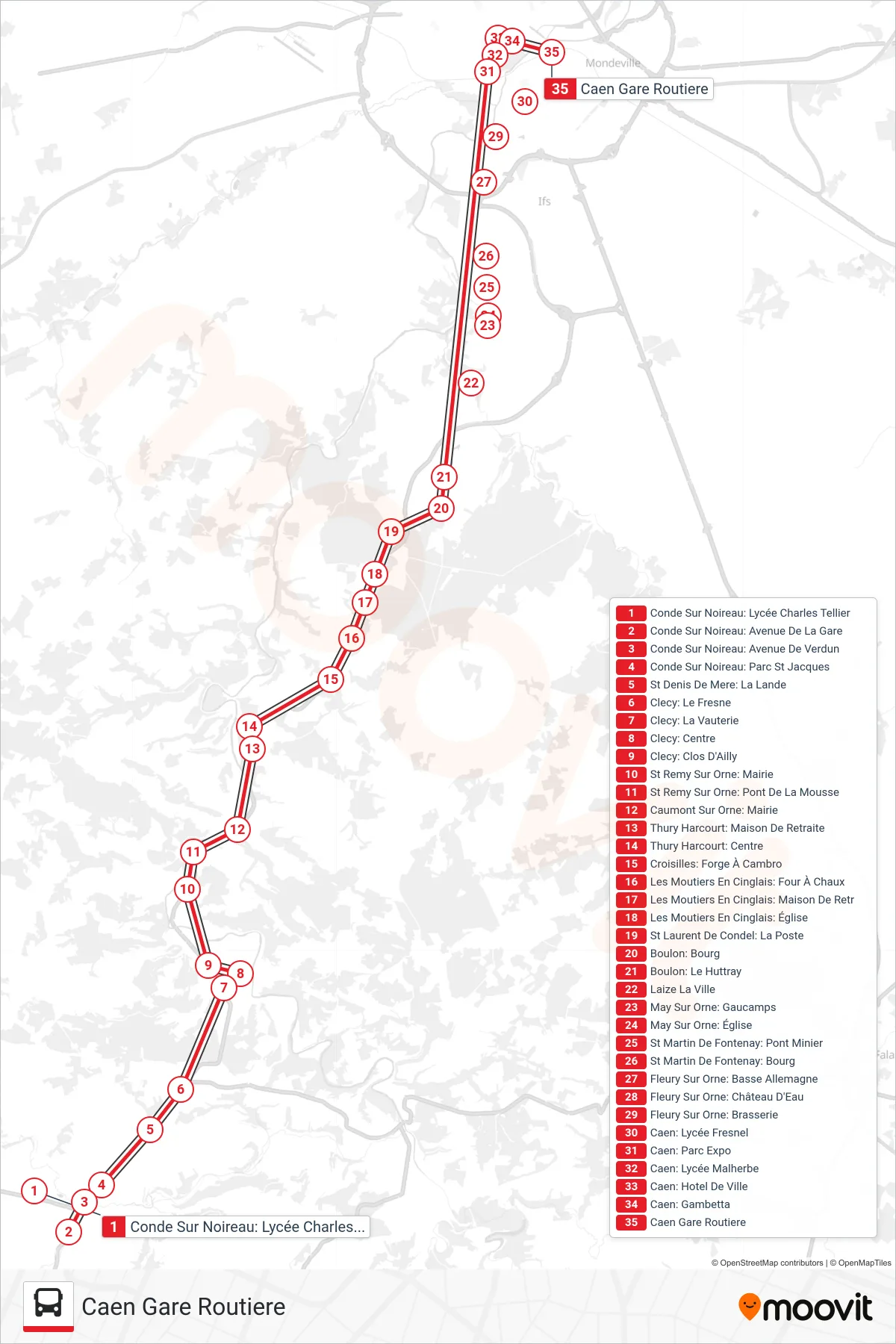Tracé et arrêts de la ligne LIGNE 34 de bus (Caen Gare Routiere) sur une carte