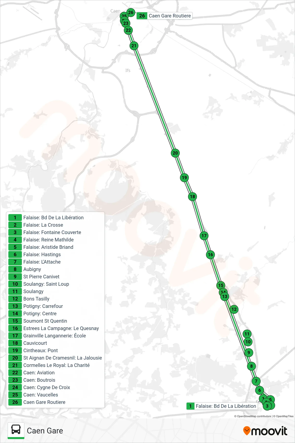 LIGNE 35 bus Line (Caen Gare) route and stops on a map