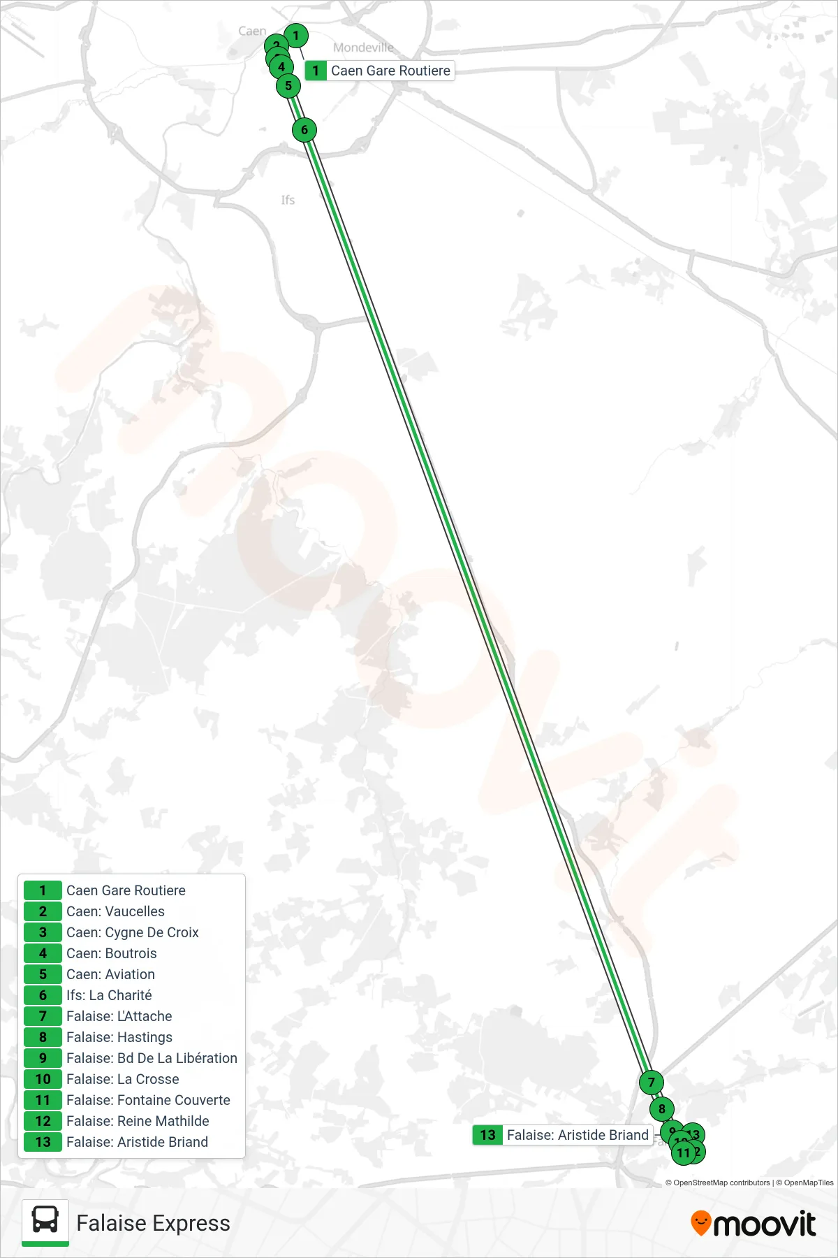 Tracé et arrêts de la ligne LIGNE 35 de bus (Falaise Express) sur une carte