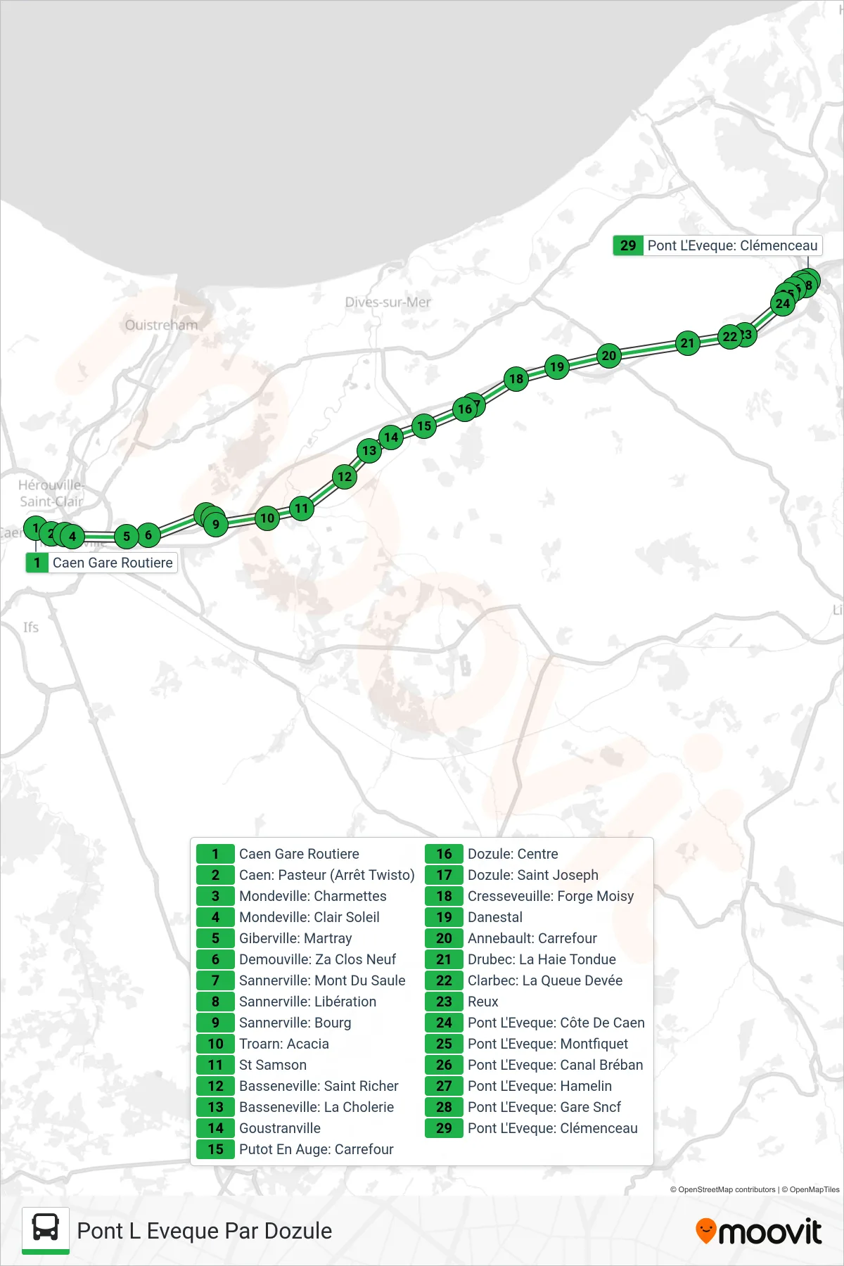 LIGNE 36 bus Line (Pont L Eveque Par  Dozule) route and stops on a map