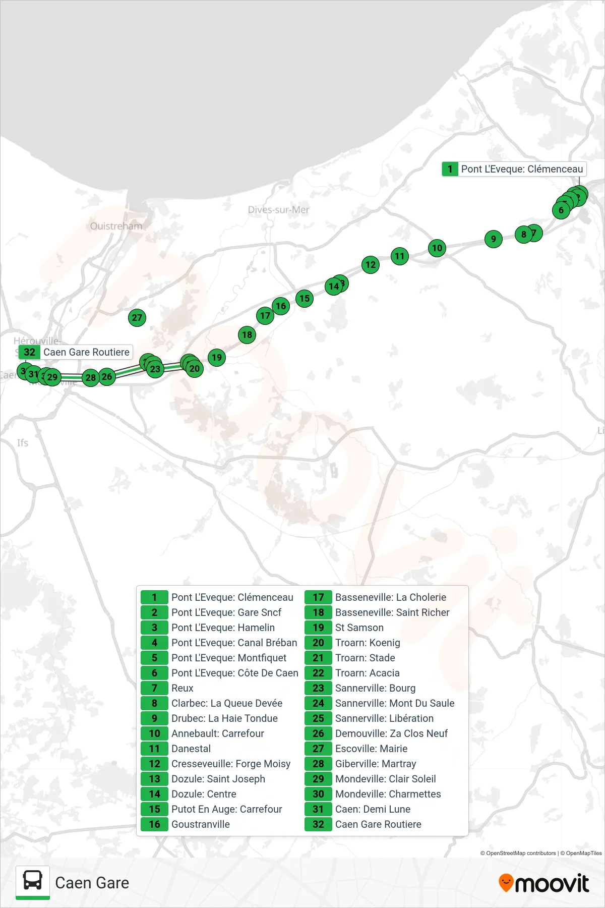 LIGNE 36 bus Line (Caen Gare) route and stops on a map