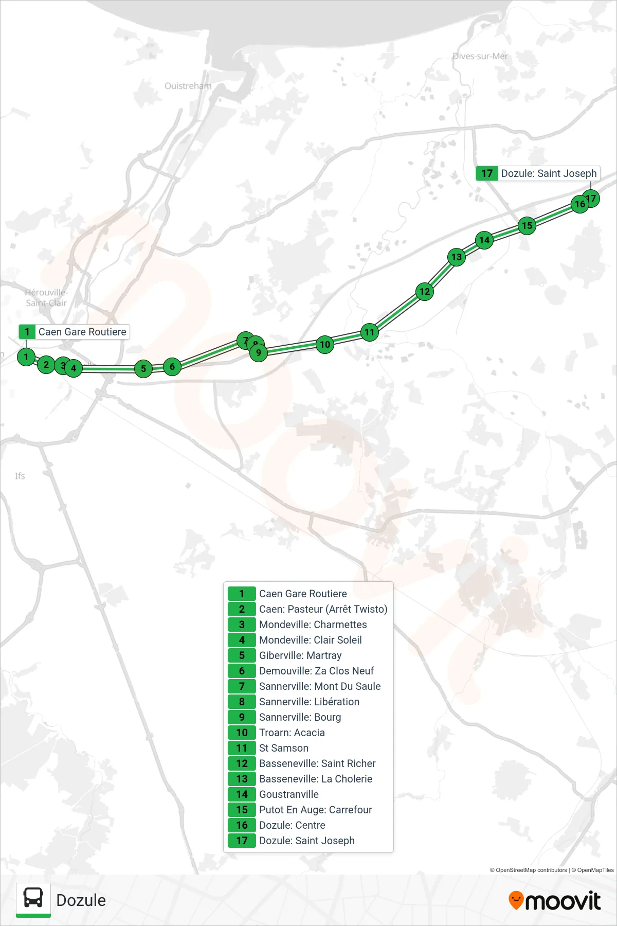 LIGNE 36 bus Line (Dozule) route and stops on a map