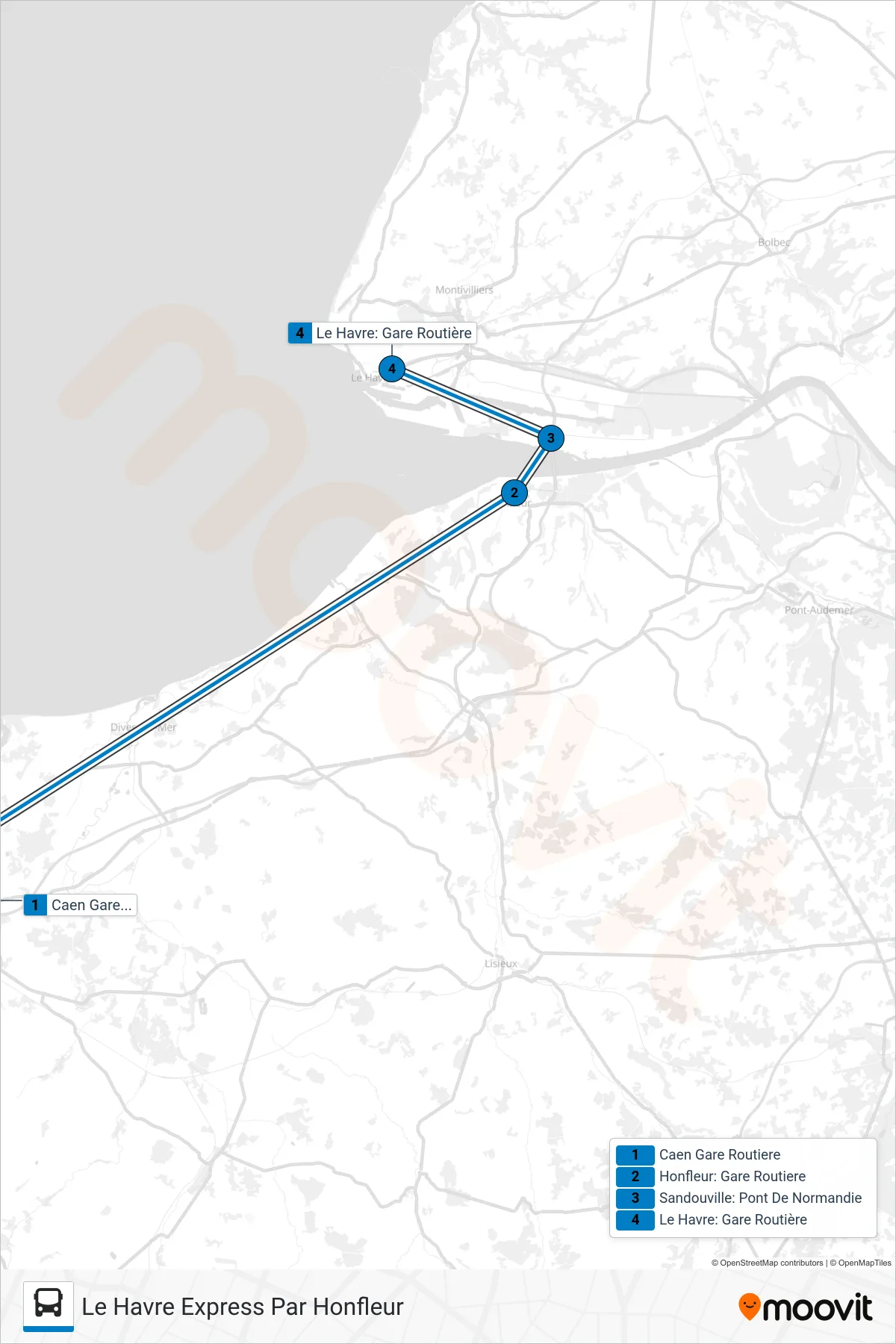 Tracé et arrêts de la ligne LIGNE 39 de bus (Le Havre  Express Par Honfleur) sur une carte