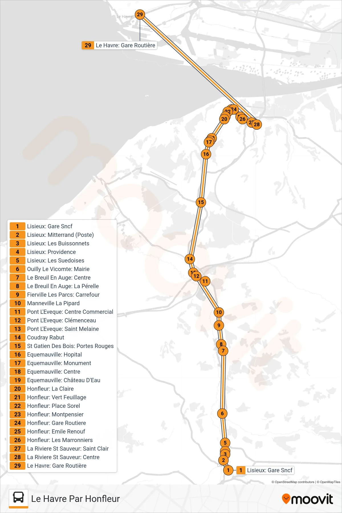 Tracé et arrêts de la ligne LIGNE 50 de bus (Le Havre Par Honfleur) sur une carte