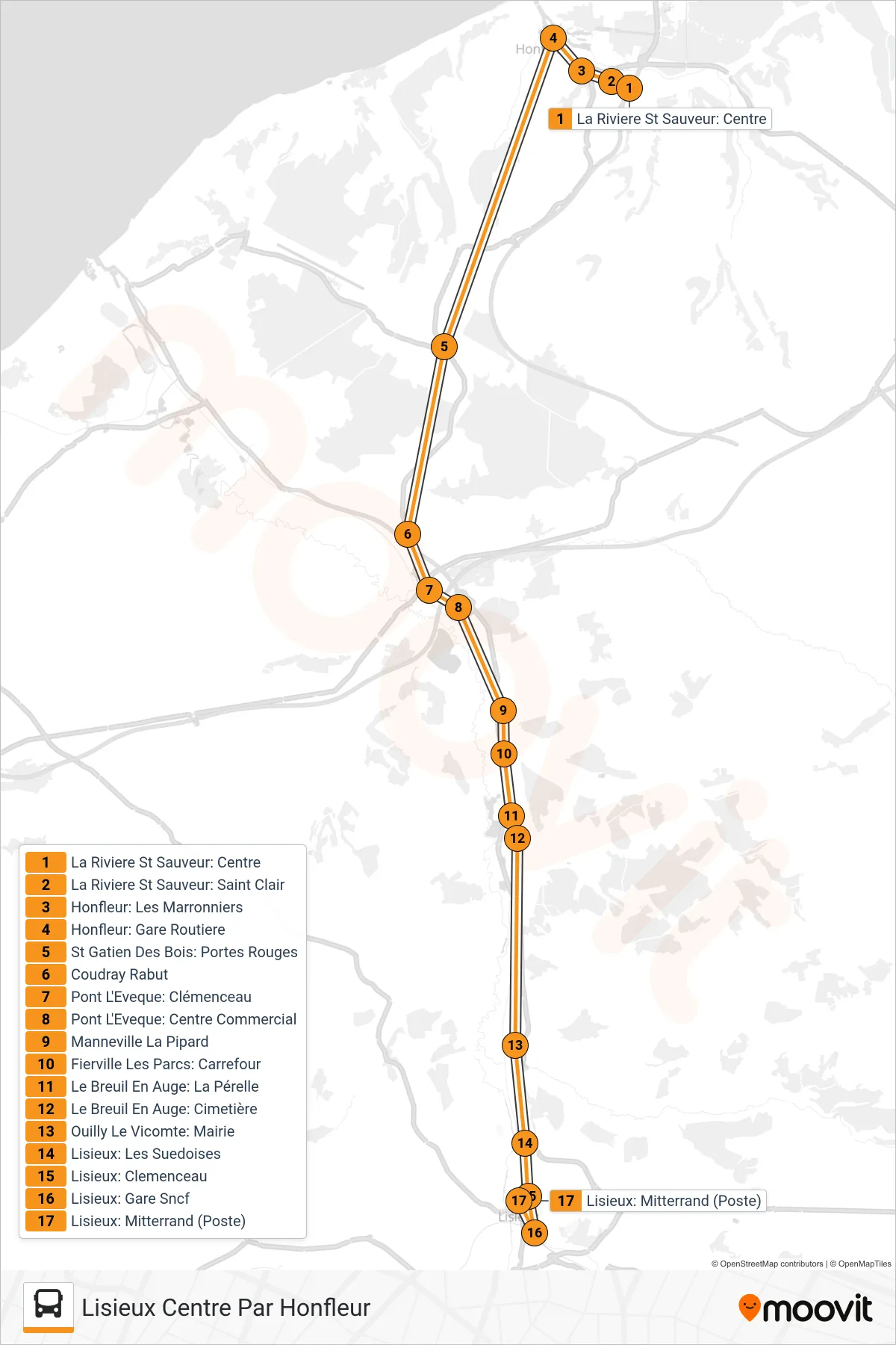 LIGNE 50 bus Line (Lisieux Centre Par Honfleur) route and stops on a map