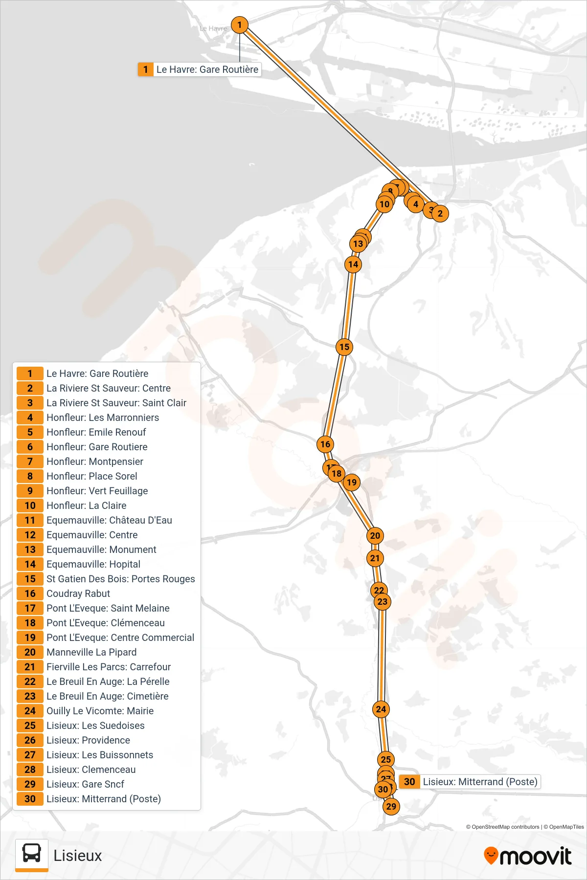 LIGNE 50 bus Line (Lisieux) route and stops on a map