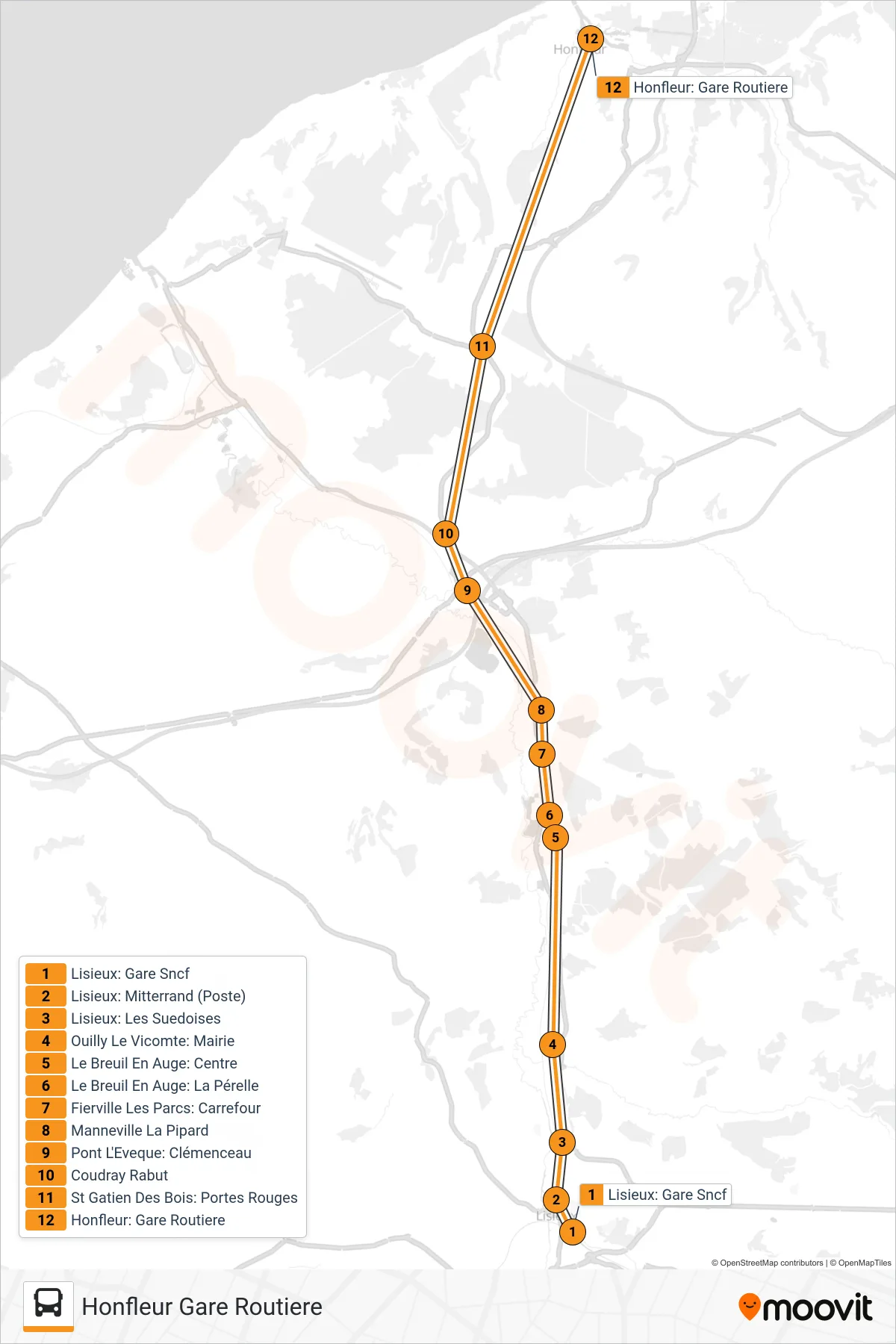 LIGNE 50 bus Line (Honfleur Gare Routiere) route and stops on a map