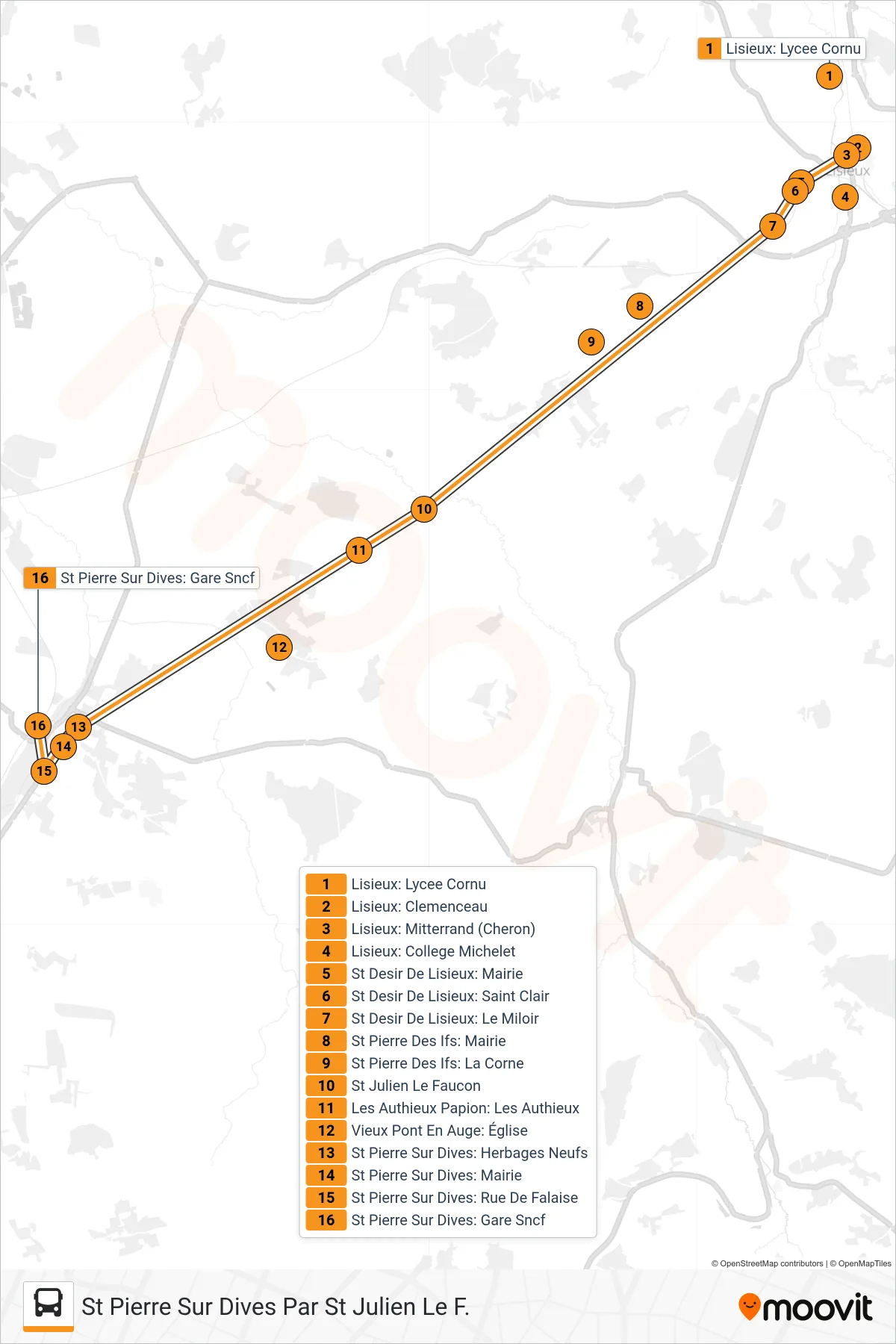 LIGNE 52 bus Line (St Pierre Sur Dives Par St Julien Le F.) route and stops on a map